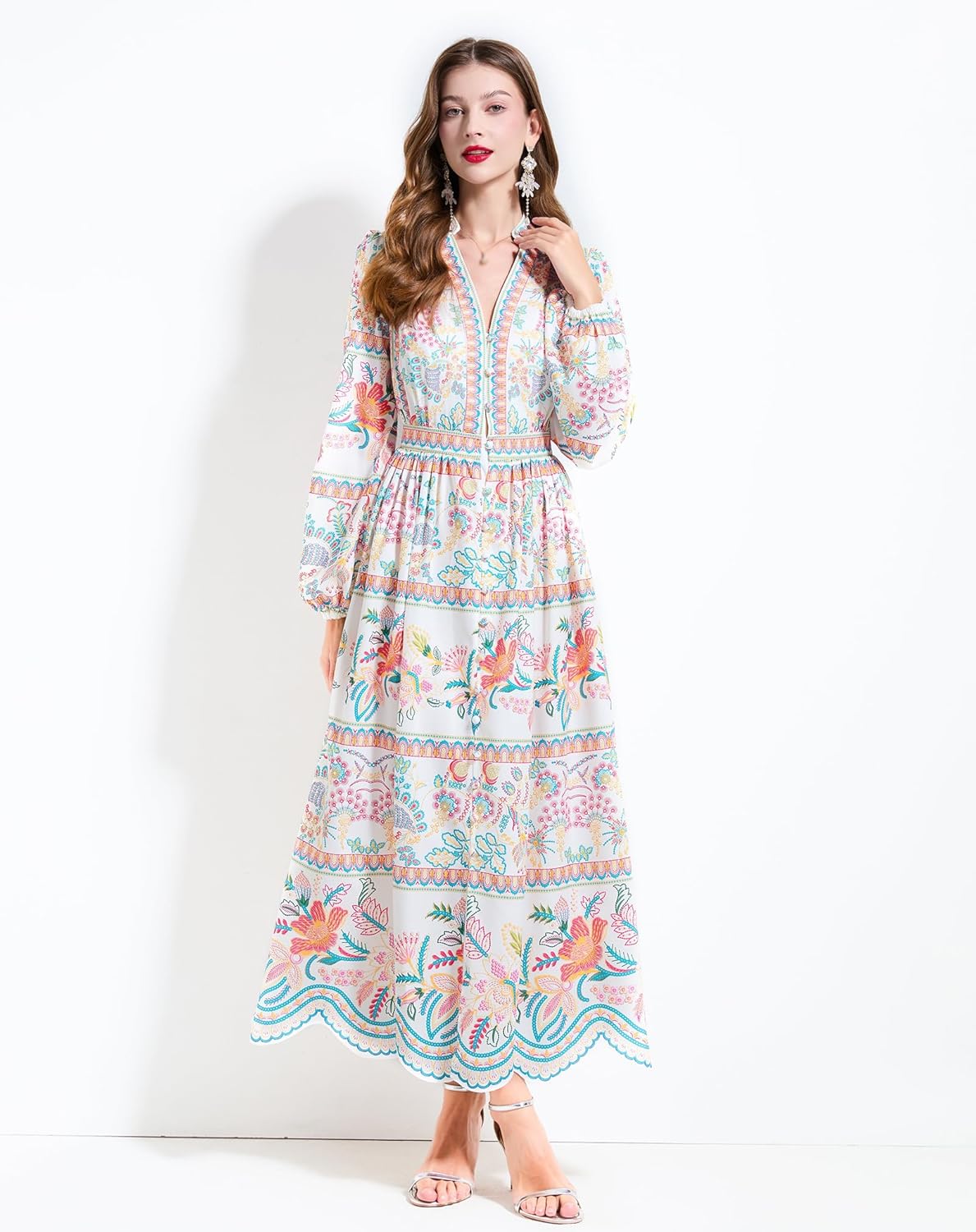 LAI MENG FIVE CATS Women's Casual Floral Print V-Neck Button up Slit Maxi Dress - Image 3