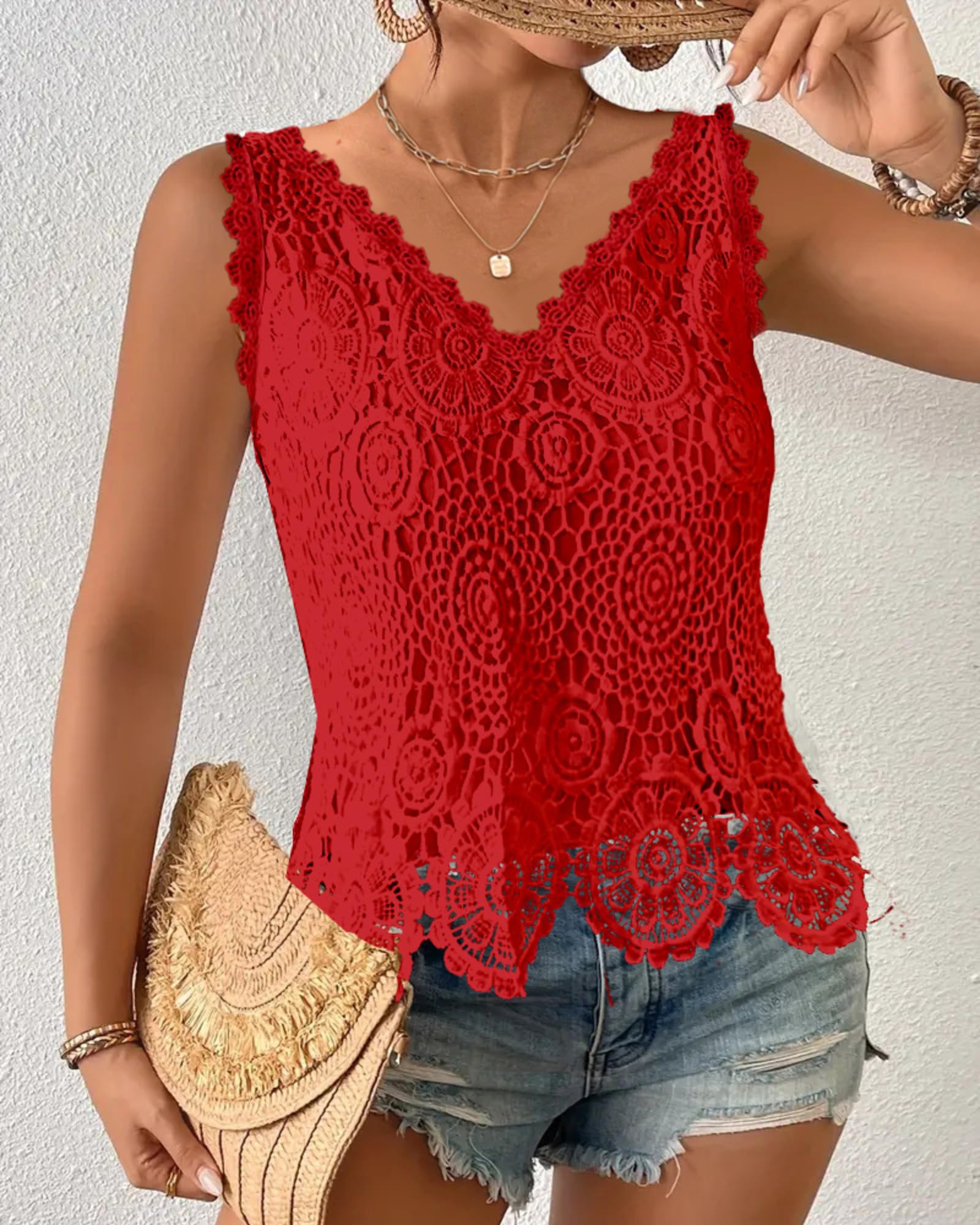 Top Donna Senza Maniche in Pizzo con Scollo a V, Ricamo Floreale, Corto, Orlo Smerlato, Blusa Estiva Casual