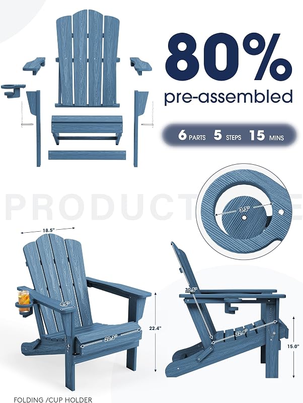 KINGYES Folding Adirondack Chair Set of 2 with Cup Holder, Navy image 6