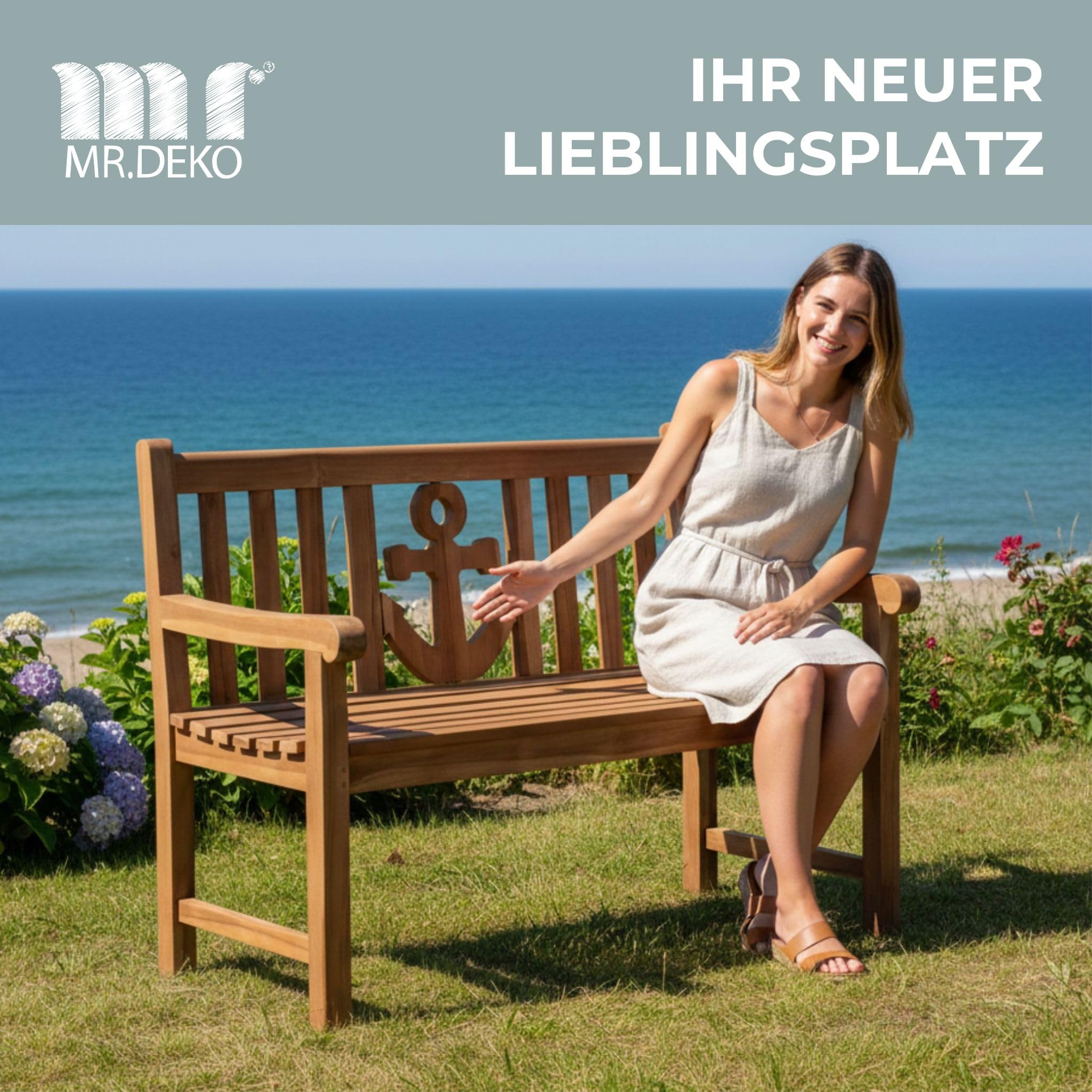MR. DEKO Gartenbank Anker Teak Holz 120 cm | Gartenbank-Wetterfest 2-Sitzer | Holzbank Massivholz | Sitzbank Balkon Teakholz | Outdoor Bank Garten | Bänke Terrassenbank Robust | Sitzbank Outdoor