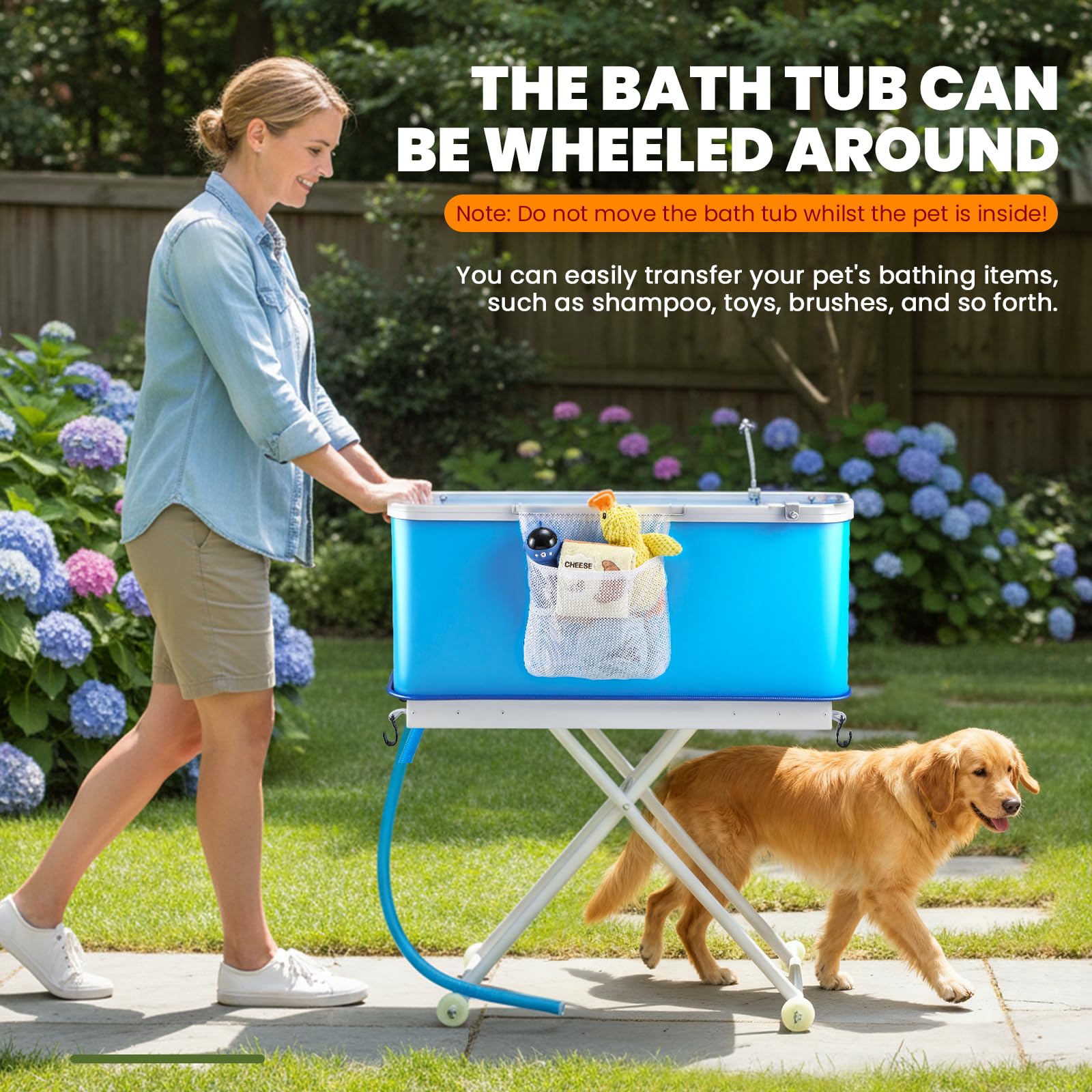 NEWTRY Grande vasca da bagno pieghevole con scarico, carico massimo 80 kg, regolabile in altezza, ruote bloccate, adatta per cani e gatti di piccola e media taglia (blu)