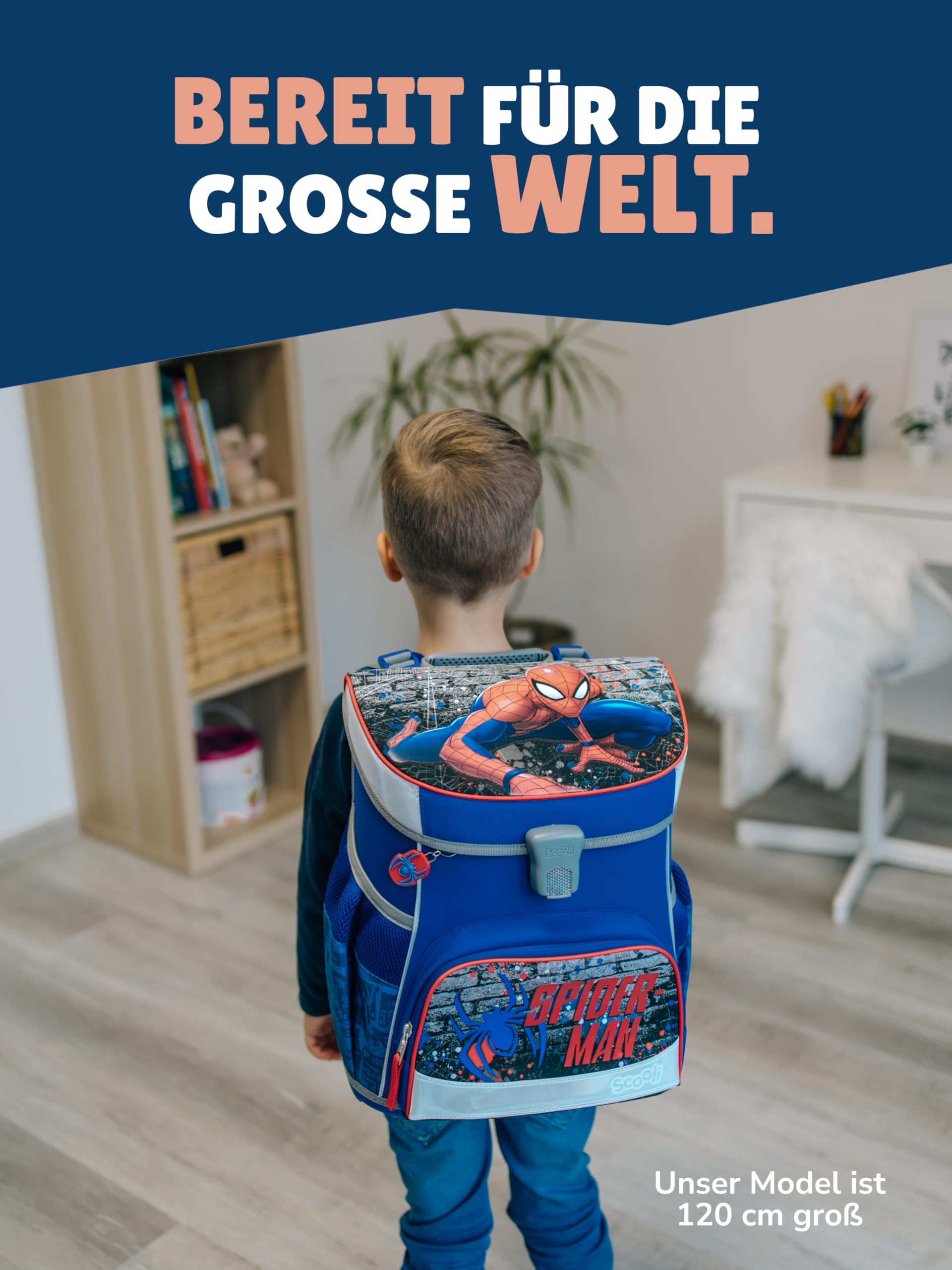 Familando - Scooli Campus Fit Schulranzen Set mit Spiderman - 9-teilig mit Sporttasche - Ergonomisch, Stabil & 980g leicht - 18L Volumen - Brustgurt & Reflektoren - ab 1. Klasse