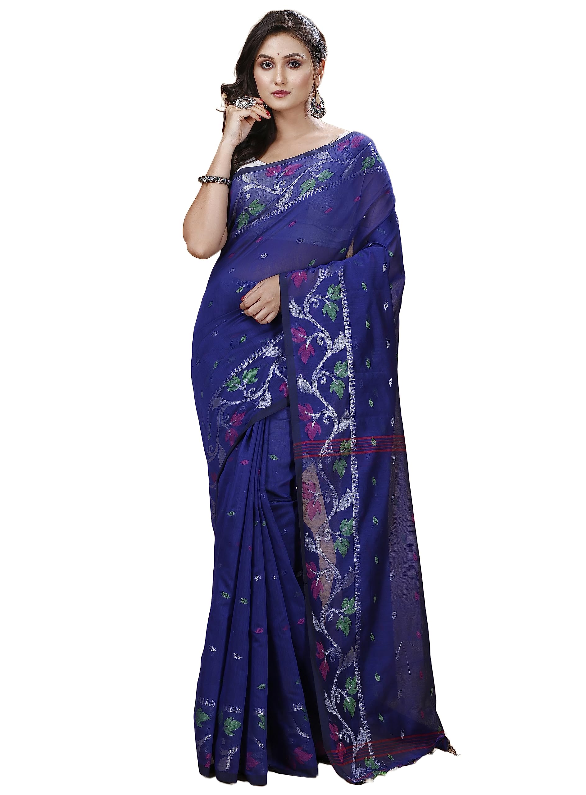 T.J. SAREESWomen’s Handloom Premium Cotton Silk Tant Jamdani saree With Blouse Pcs