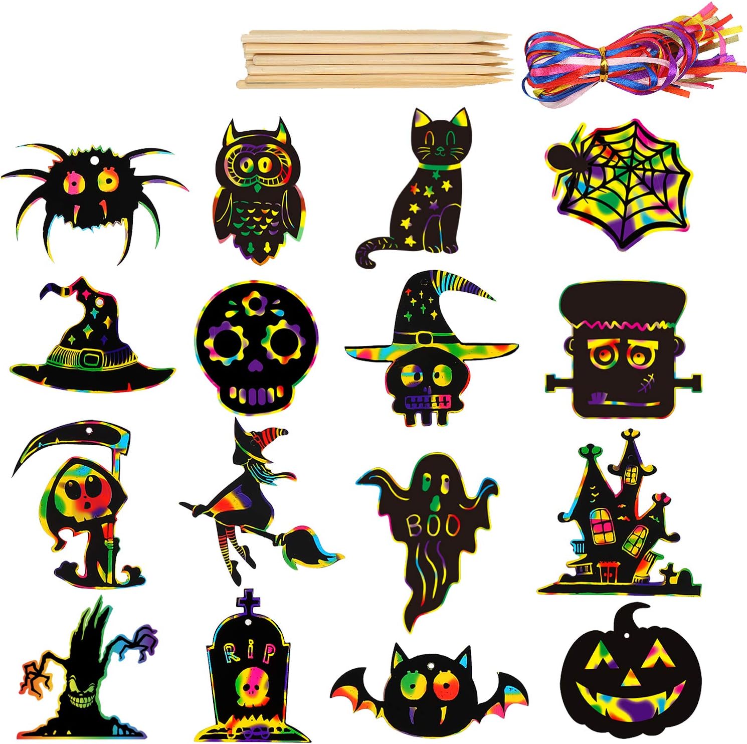 DERAYEE 48 Sheets Halloween Scratch Art Kits, Rainbow Crafts Magic Scratch Paper Cards with 12pcs Wood Stylus and 48pcs Coloured Ribbon for Kids Halloween Party Favors
