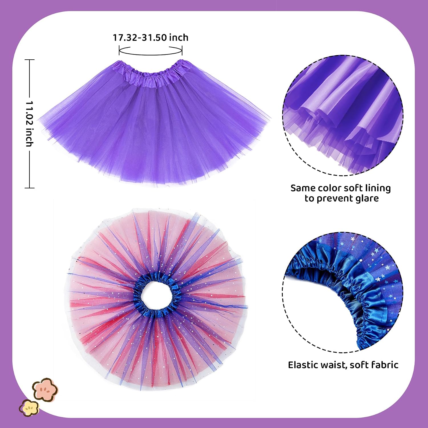 Zando Sparkle Tutu for Toddler Girls Kids 3 Layers 2-8 Years Halloween Princess Birthday Elastic Puffy Tulle Dance Skirt