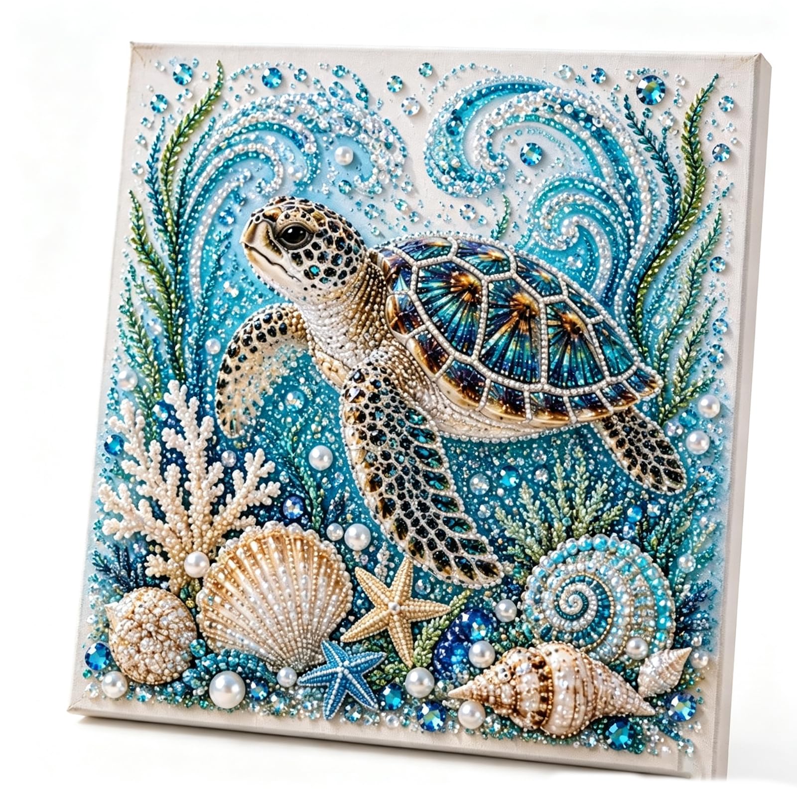 Ocean Theme Pearl Art DIY Kit, Blue Ringed Octopus 3D Diamond Painting Crafts for Adults, Diamond Pearl Painting Kit Wall Art, DIY Pearl Mosaic Craft Set for Beginner, Coastal Home Decor (Sea Turtle)