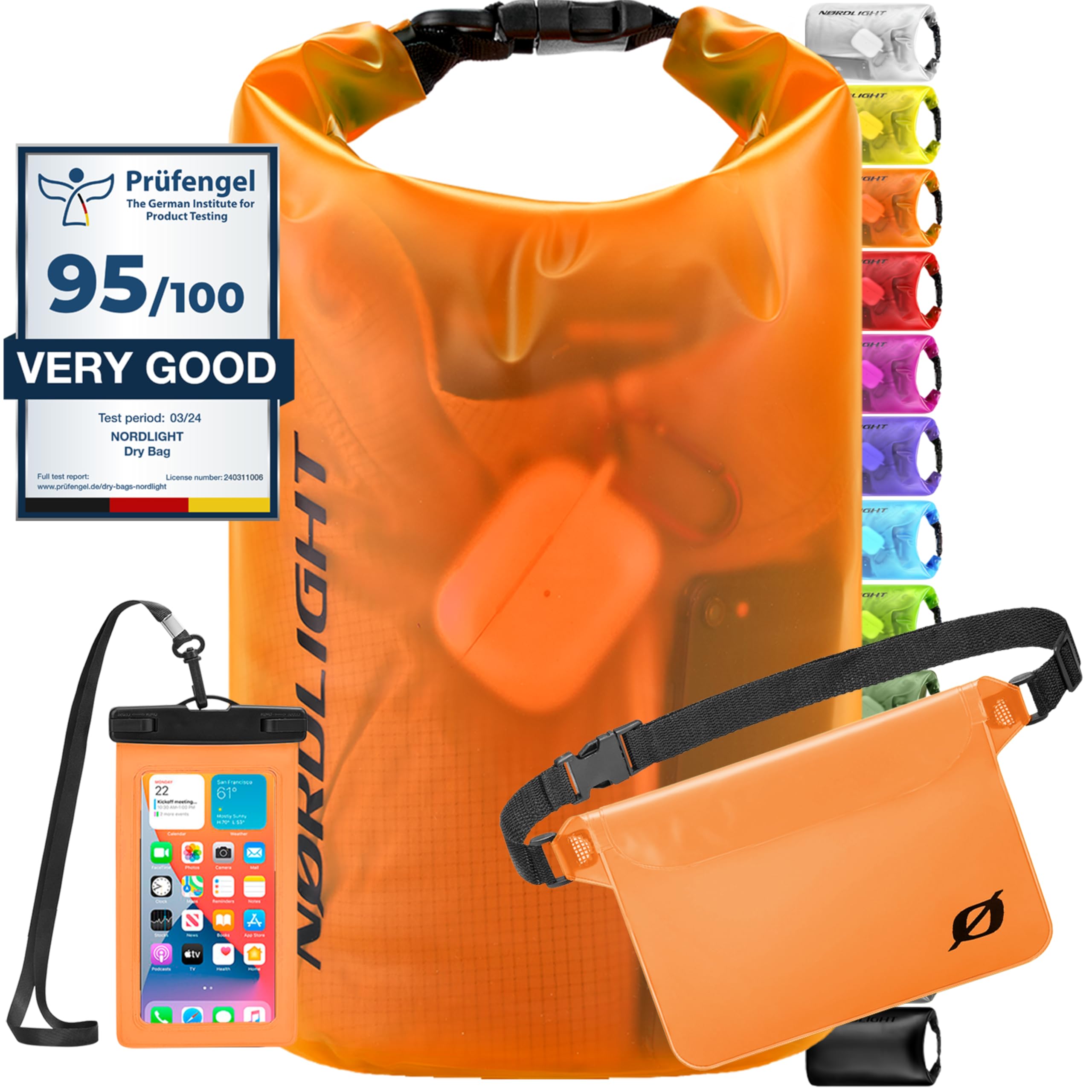 Nordlight Dry Bag e borse impermeabili - zaini impermeabili da 2l, 5l, 10l, 15, 20l, 30l, ccon chiusura a rotolo e tracolla con custodia impermeabile per cellulare e marsupio