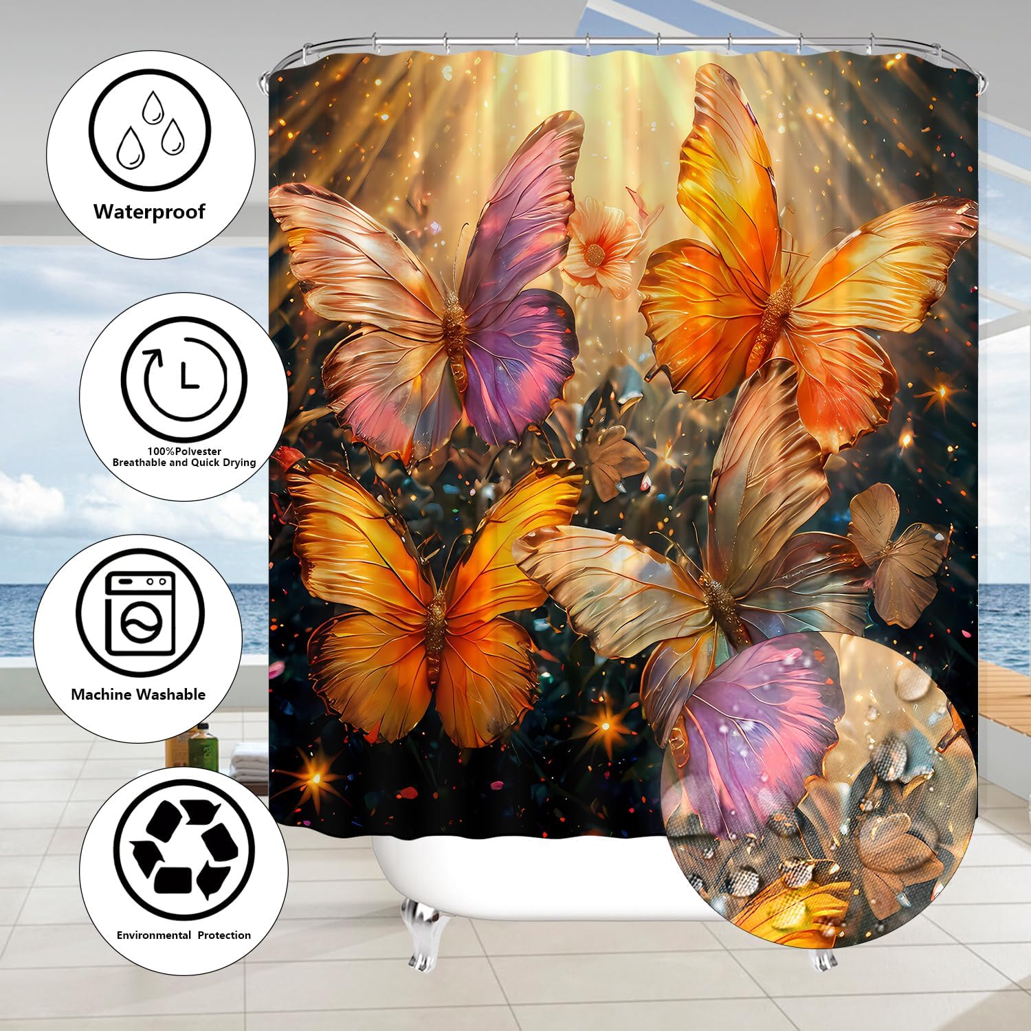 DDQQ 4Pcs Gold Butterfly Shower Curtain Set Gorgeous Butterfly Bathroom Sets Modern Shower Curtain with 12 Hooks Bathroom Decor with Rugs Bath Accessories with Mats Toilet Lid Cover thumbnail