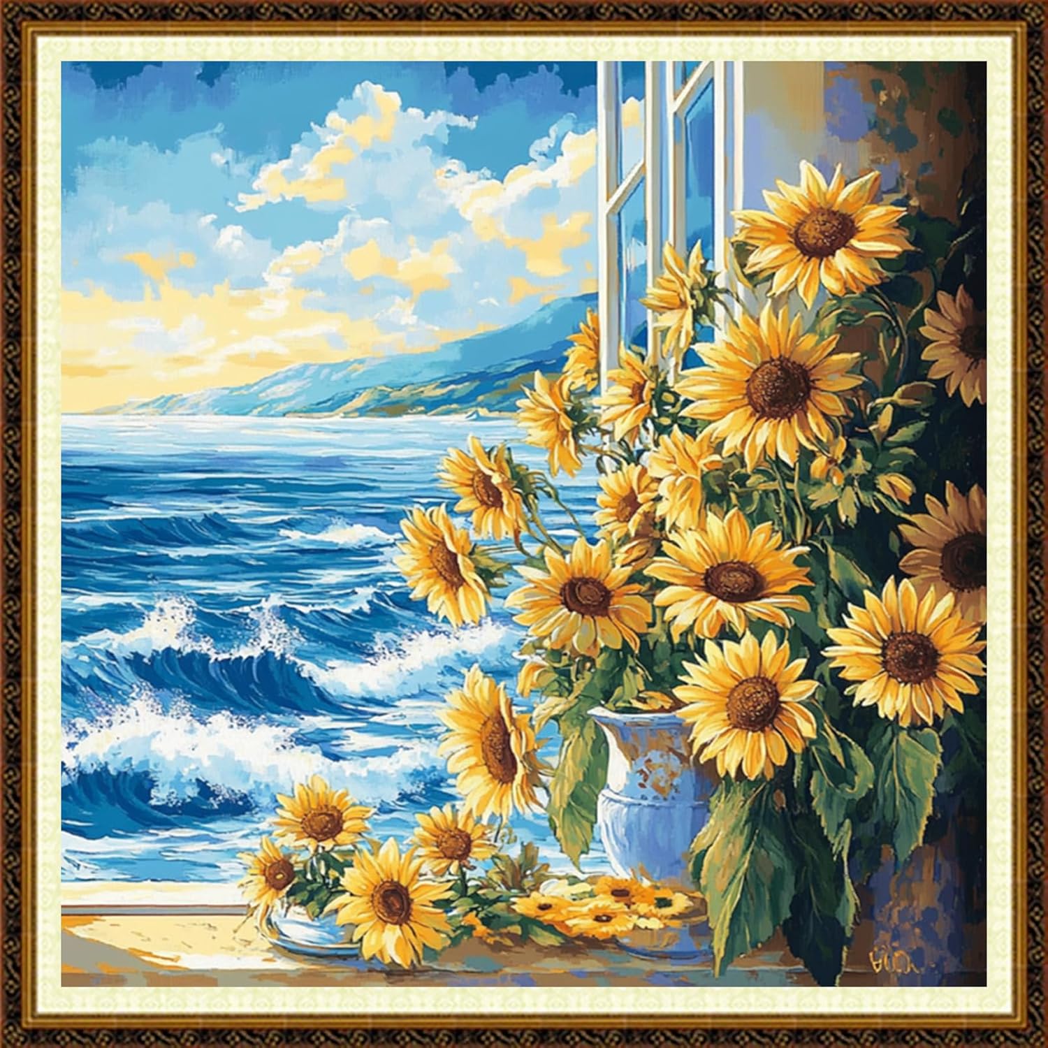 Redxing Counted Cross Stitch Kit for Beginners,Unprinted Needlepoint Kits for Beginners Cross Stitching Embroidery Kit 11CT Stitches kit-Sunflowers on Seaside windowsill 18x18 inch
