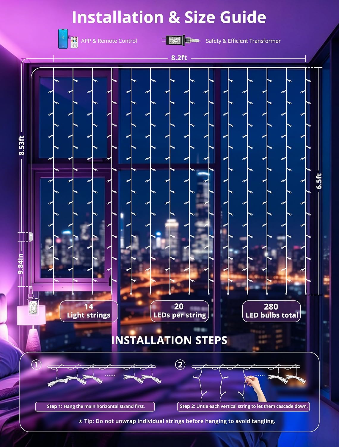 280LED Smart Curtain Lights Outdoor, RGBIC Color Changing Christmas String lights with APP&Remote,IP65 Waterproof Dynamic Curtain Fairy Lights for Bedroom Window Backdrop Xmas Decor,8.2x6.6ft