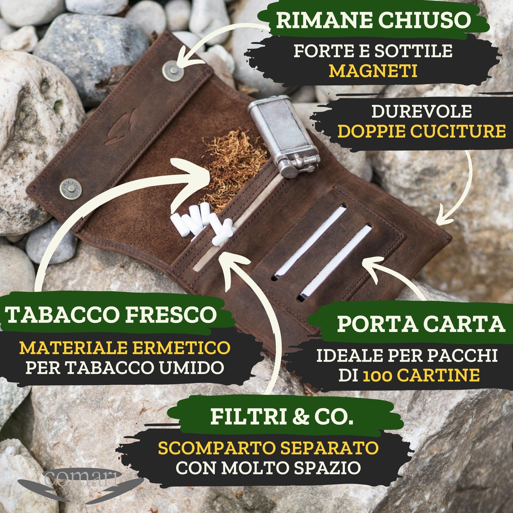 Premium Porta-Tabacco in Pelle con incisione, 2 Scomparti Extra per Cartine Doppia e Filtri, Bottoni Magnetici, Astuccio Tabaco Cuoio(Marrone Vintage)