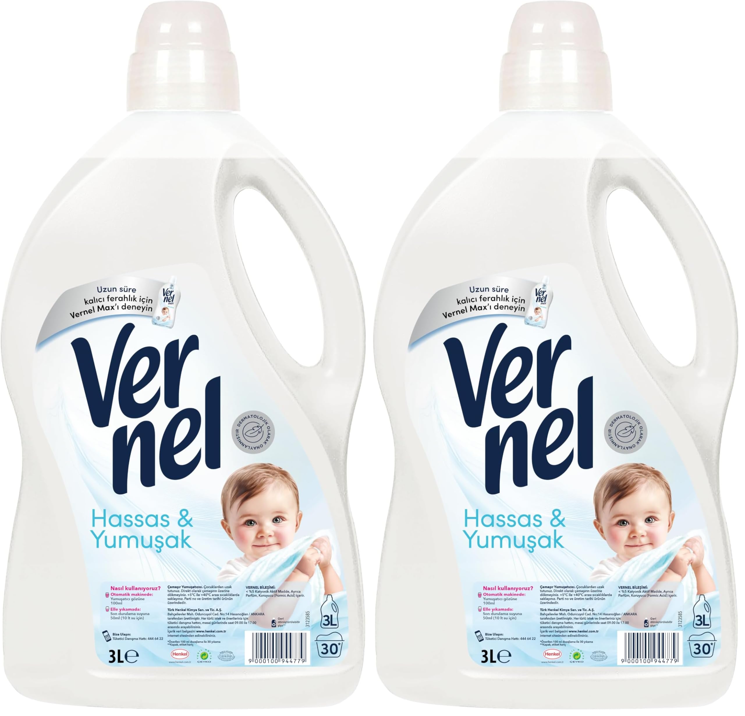 Vernel Hassas & Yumuşak Kalıcı Parfüm 30 Yıkama Çamaşır Yumuşatıcısı (1 x 3000 mL) 2li paket