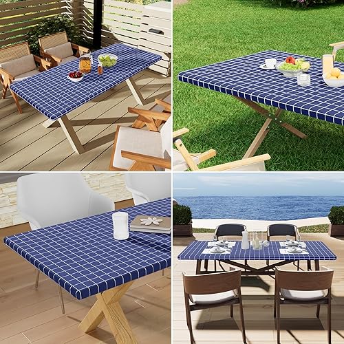 Miniatura 7 de Mantel rectangular, manteles de plástico elásticos ajustables con parte trasera de franela para mesas plegables de 6 pies, manteles de vinilo