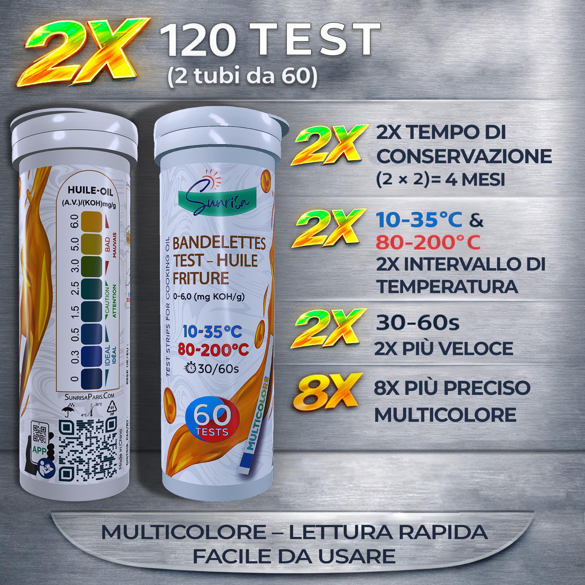 (CALDO|FREDDO) 120 Strisce Test Olio Friggitrice Pro - 2 Tubi - 30 Sec. - APP Mobile Monitoraggio HACCP - Misuratore Strisce Olio Frittura - Misurazione FFA KOH - Sito Industriale ISO 9001 & 13485