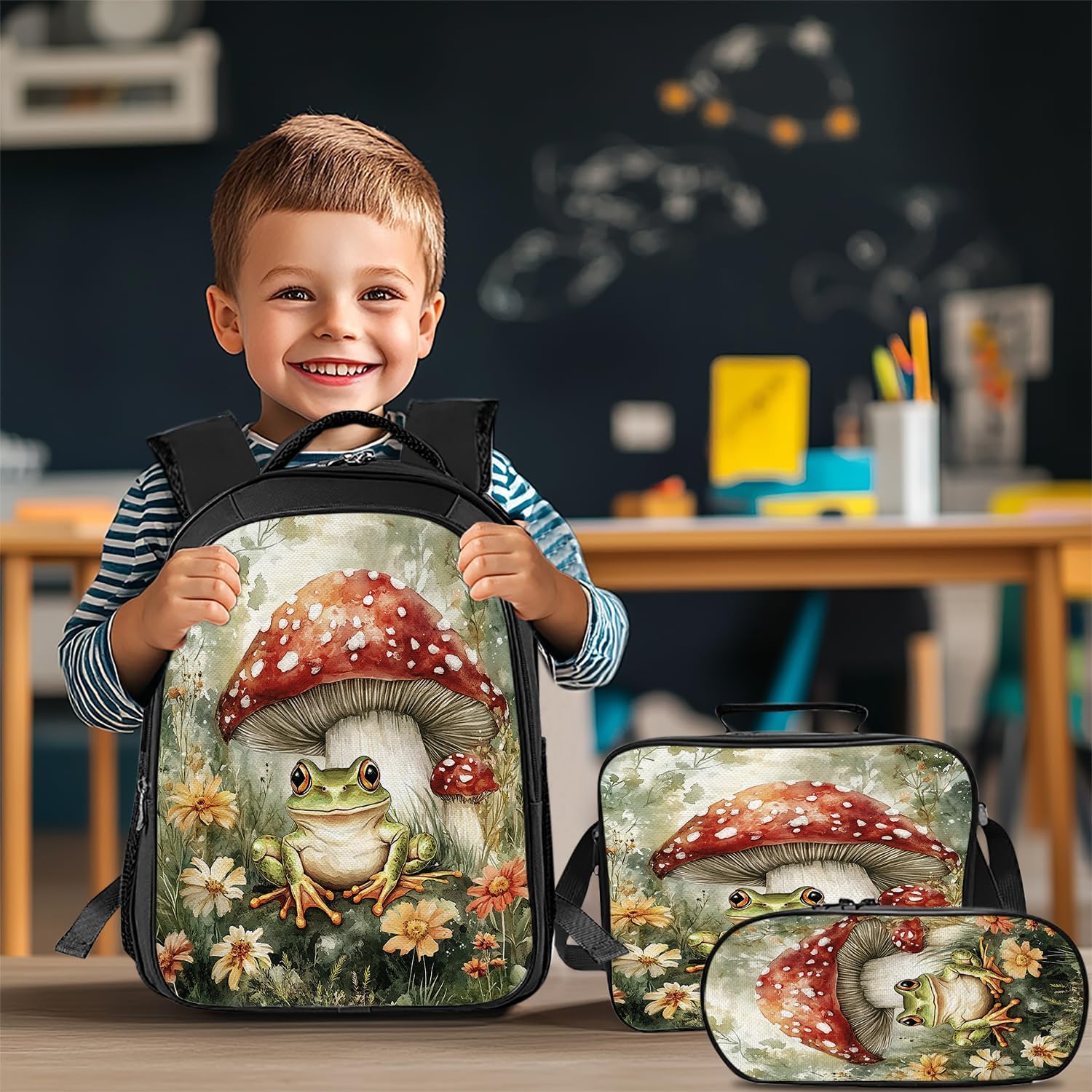 Mushroom Frog Backpack Set 3 Piece School Bags and Lunch Box with Pencil Case Green Cute Frogs Mushrooms Bookbag Set for Toddler Kids Girls Boys Teens Kindergarten Elementary Middle - Image 7