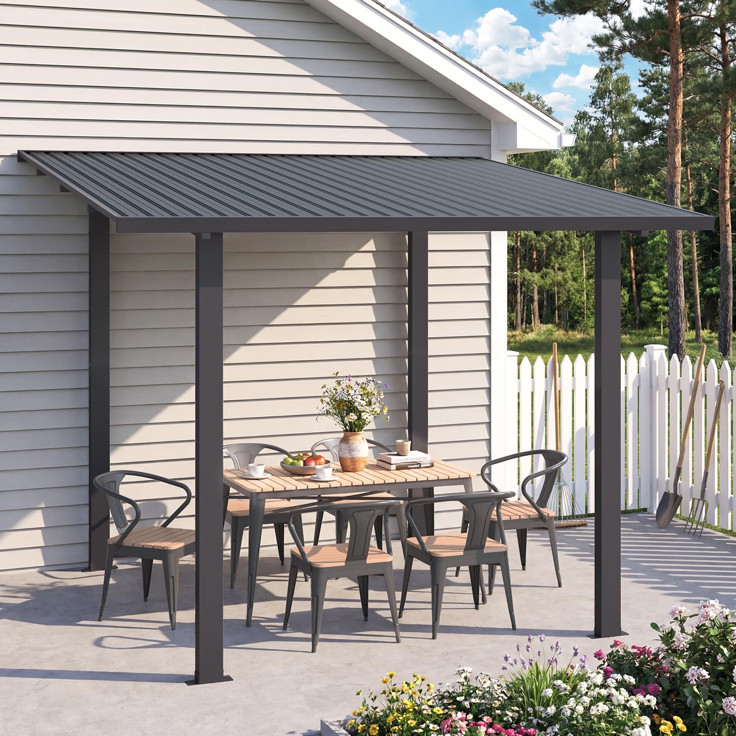 UNIONLINE 3 × 2,4 m Wandgestellter Gartenpavillon mit Hardtop-Metalldach, Grill-pavillon aus feuerverzinktem Stahl, 113 km/h windbeständig, Terrassenüberdachung für Garten, Hinterhof & Deck, Schwarz