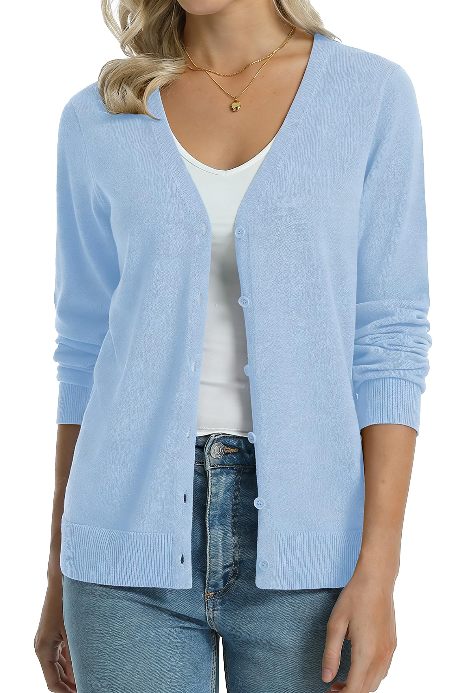 QUALFORT Women's 100% Cotton Lightweight Cardigans Long Sleeve Sweater