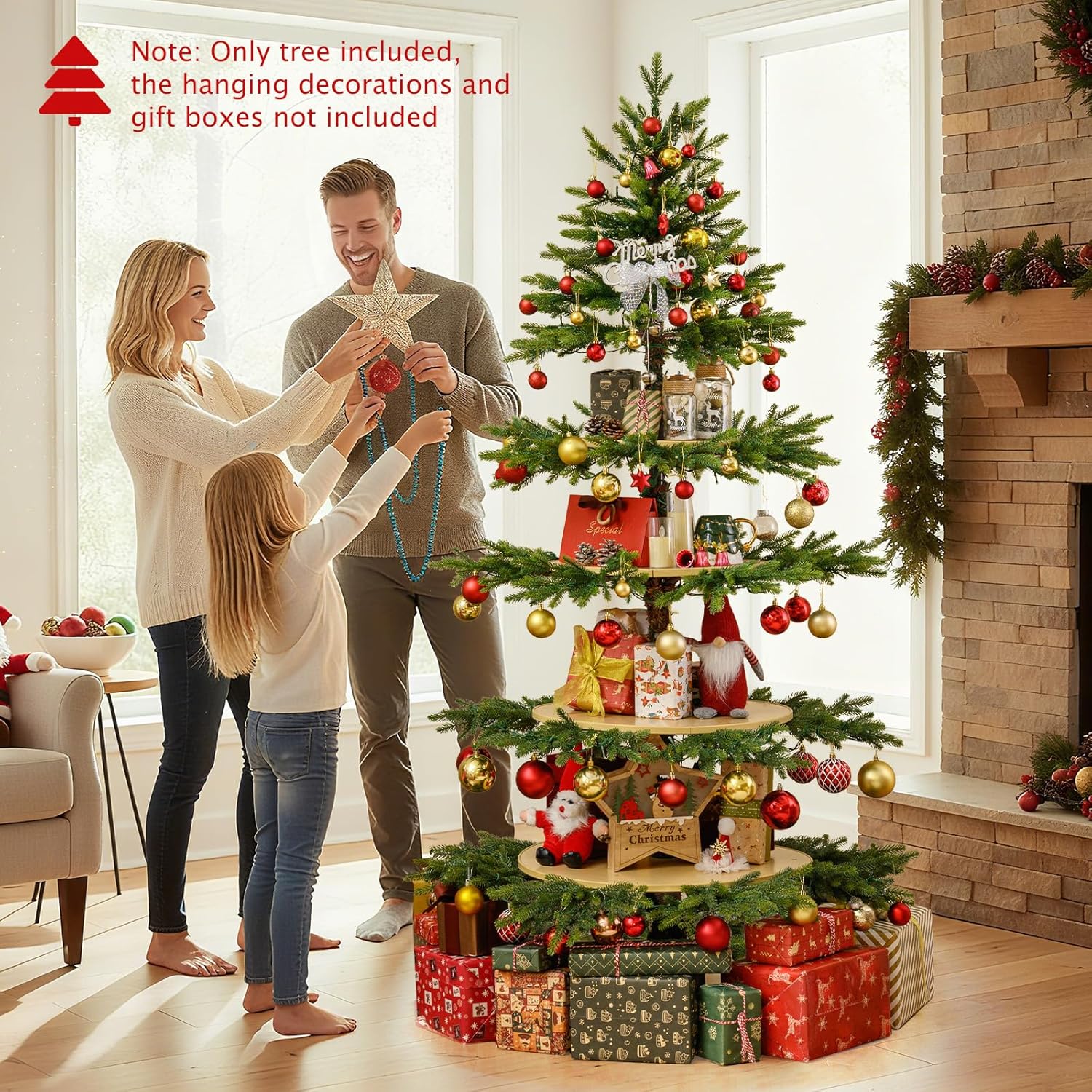Goplus 6.4 FT Pre-Lit Rotating Christmas Tree with Display Shelves, 360° Rotatable Base, 220 Warm White & Multicolored LED Lights, 11 Modes, 280 Branch Tips, Hinged Artificial Xmas Tree for Home