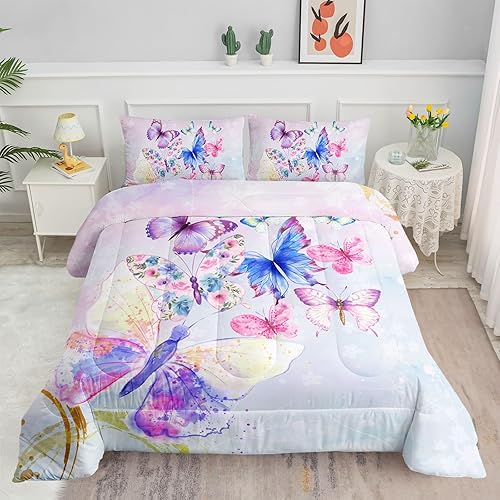 Datura home Juego de ropa de cama de edredón de mariposa acuarela para niñas, niños y adolescentes, edredón ligero y colorido con estampado floral