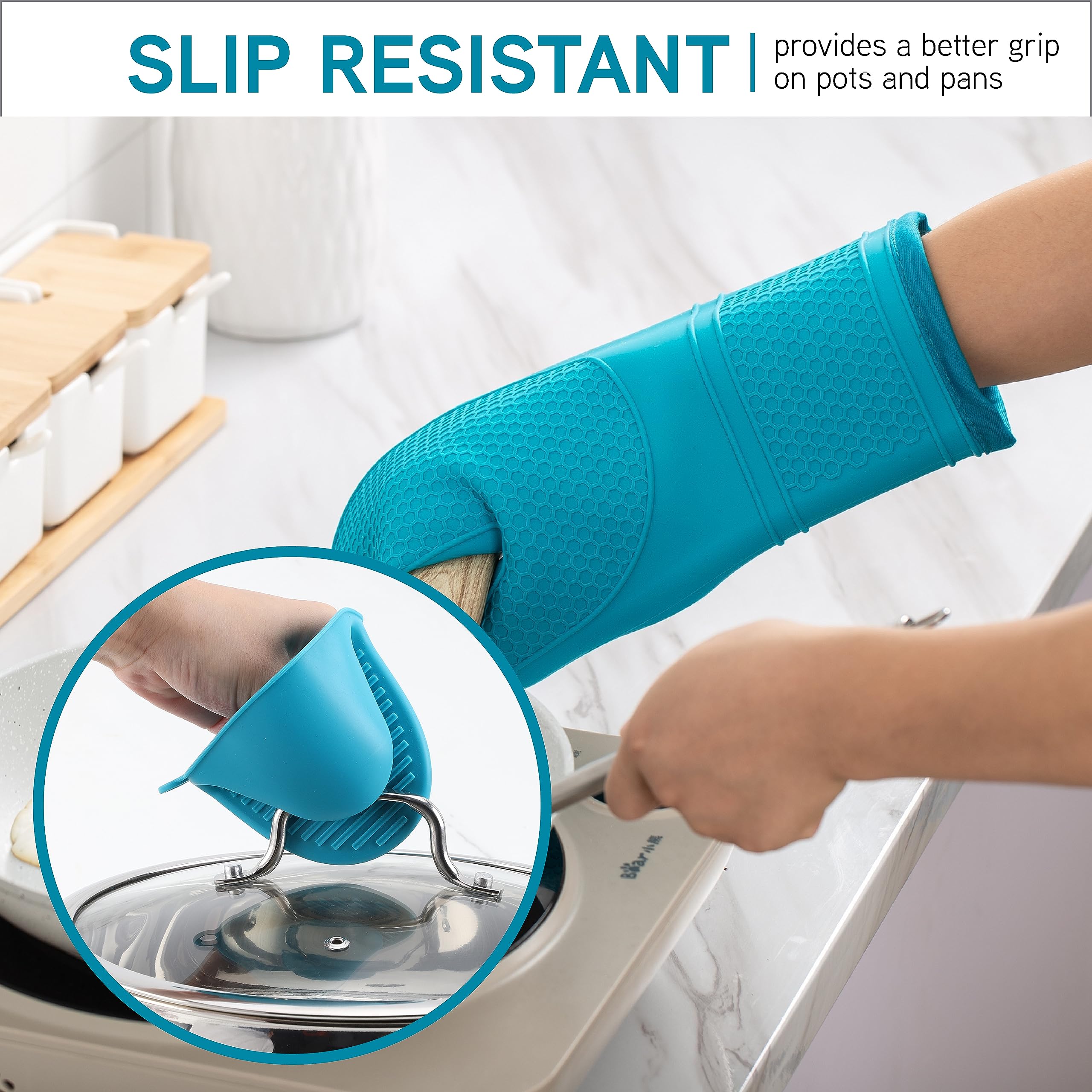 Cook with Color Silikon-Ofenhandschuhe, hitzebeständige Handschuhe mit weichem gestepptem Futter, Topflappen zum Kochen und Grillen, Blaugrün, Handschuh-Set