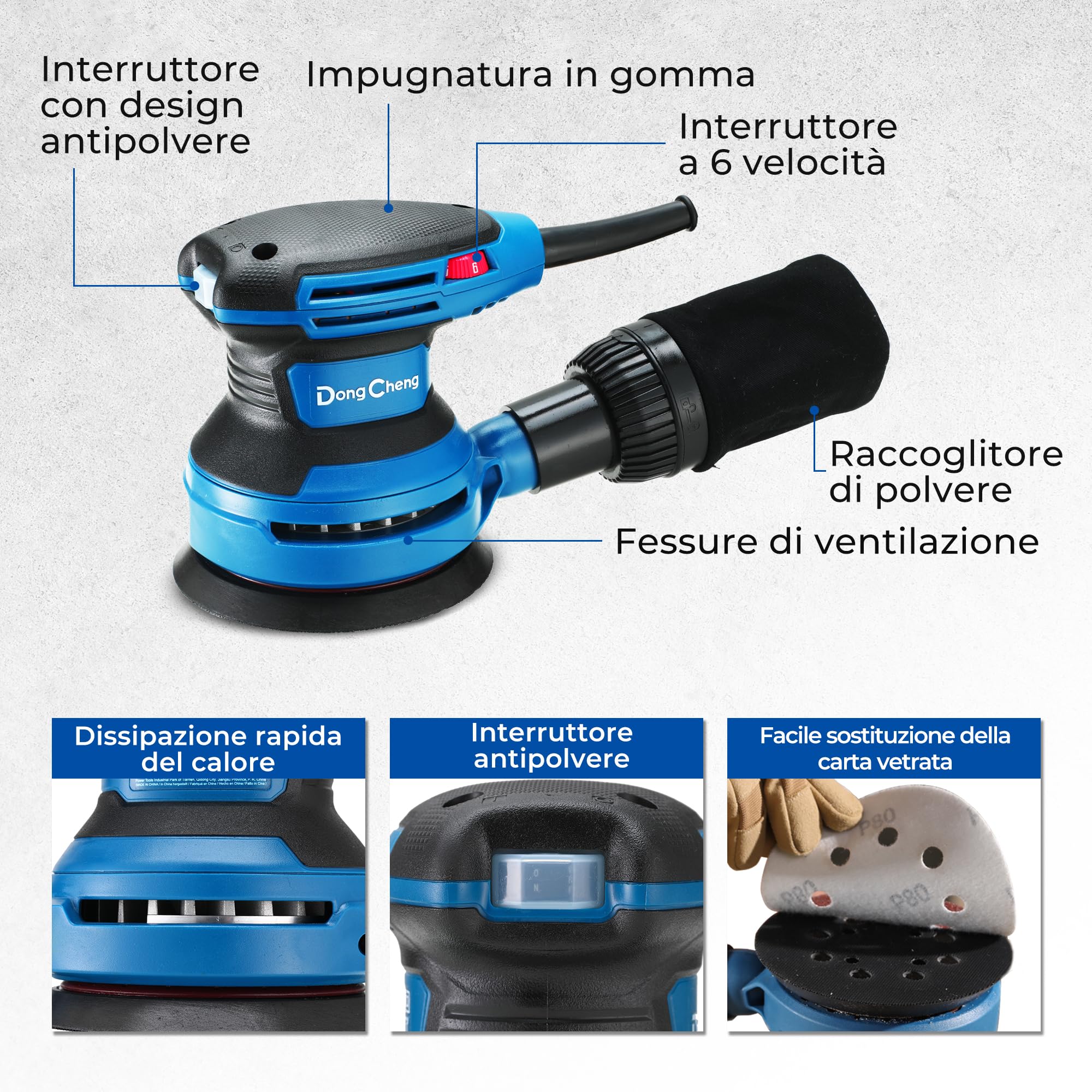 Dong Cheng Levigatrice eccentrica 380 W, 125 mm, 6 vel., orbitale 8000-12800 giri/min, con depolveratore, 20 dischi abrasivi, ideale per legno