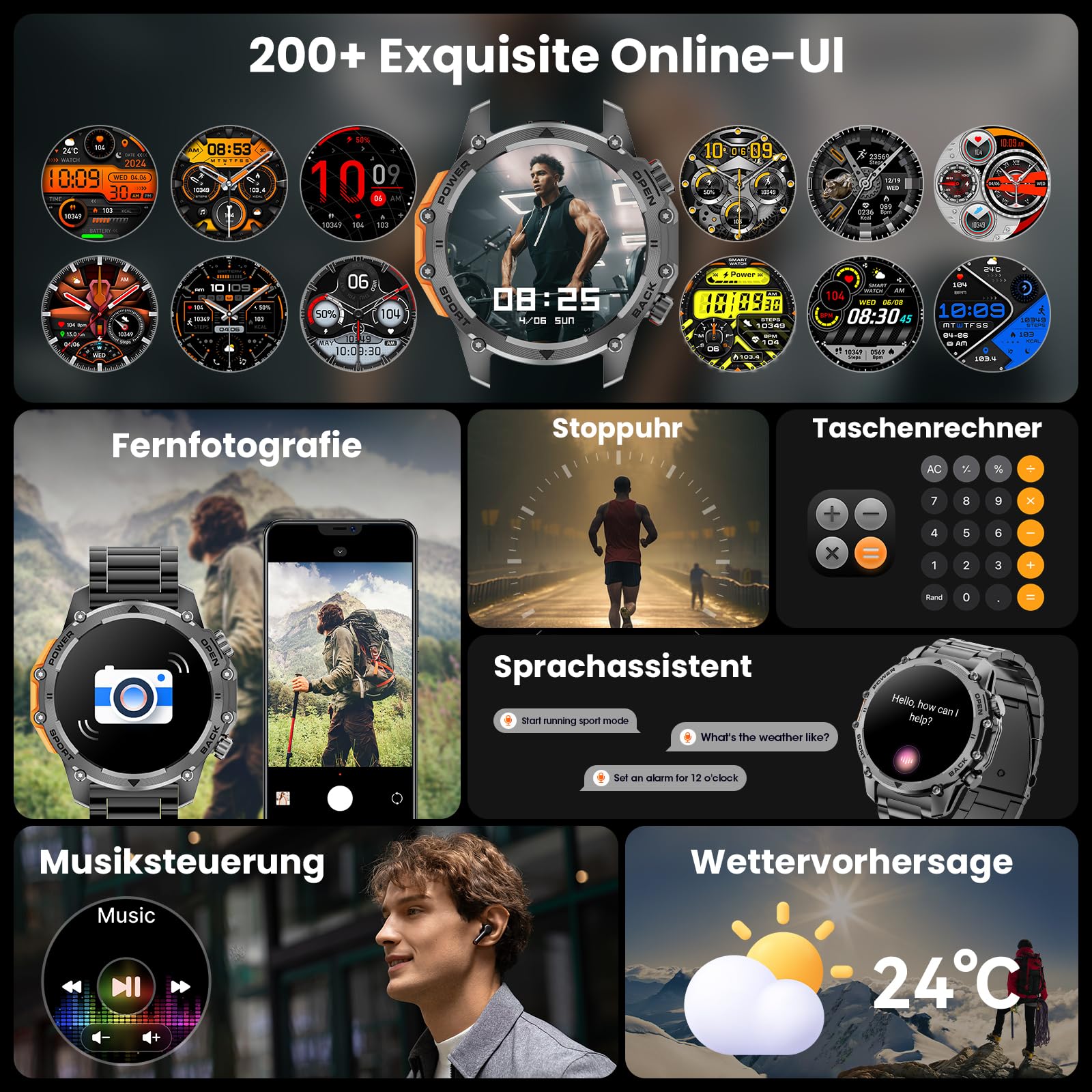 Smartwatch męski, 1,52" HD Smart Watch z 500 mAh, długi czas pracy baterii, 114+ trybów sportowych, styl wojskowy, zegarek fitness z pulsometrem, krokomierzem, monitorem snu, latarką, z systemem