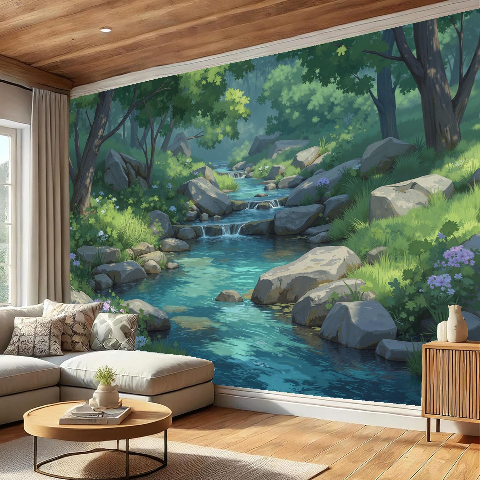 Papier peint panoramique forêt vert pour agrandir visuellement un salon ou une chambre