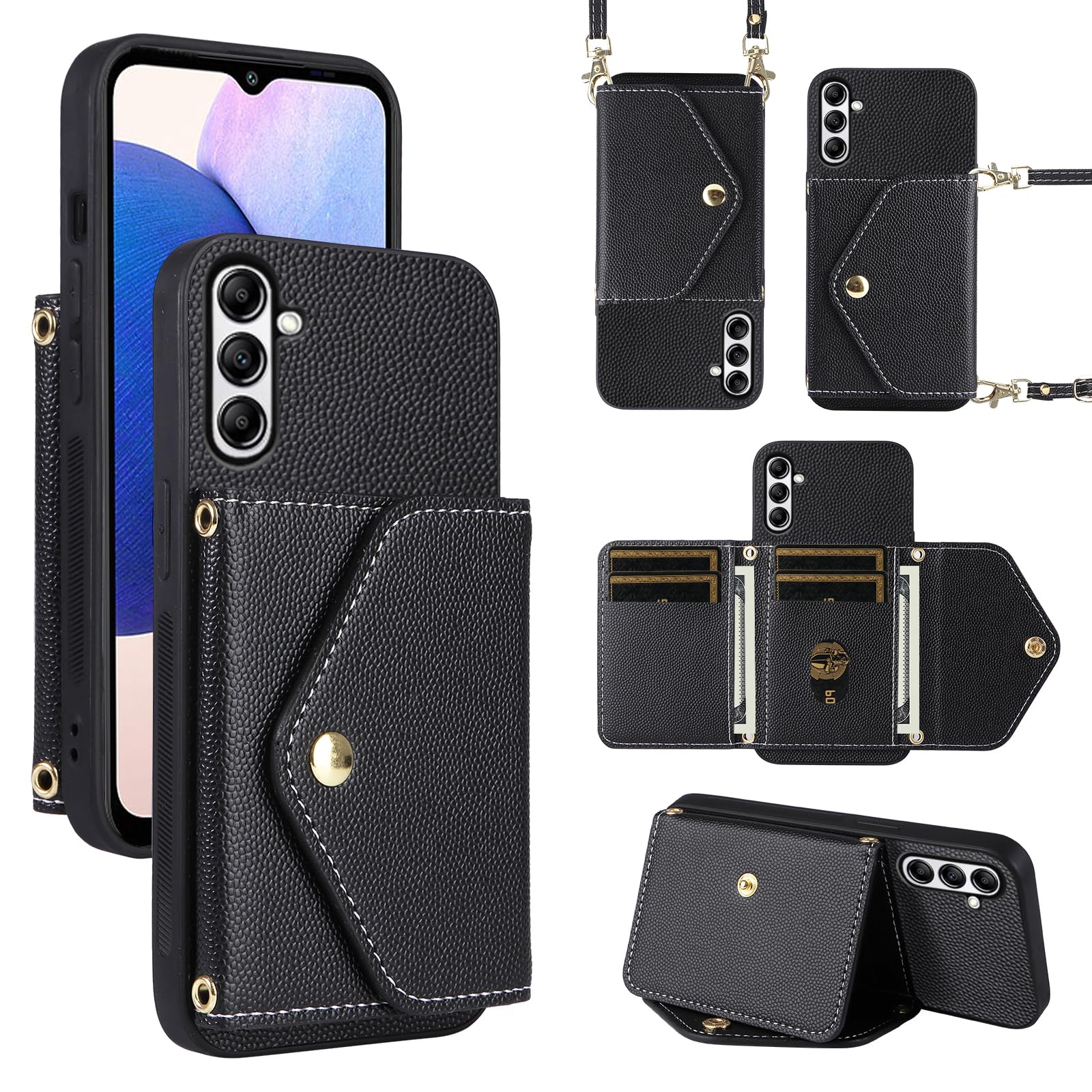 Dibosom Minimalist Wallet Case for Samsung Galaxy A13 5G with Shoulder Strap,6 Card Slots Thin Slim Flip Purse,Credit Card Holder Stand Phone Cover