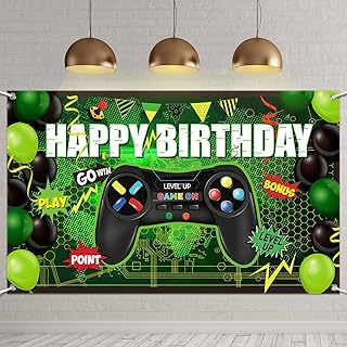Video Game Happy Birthday Backdrop Game on Birthday Party Backdrop Banner Level up Gaming Theme Party Background Photo Props for Video Game Party Wall Decorations Supplies (Green)