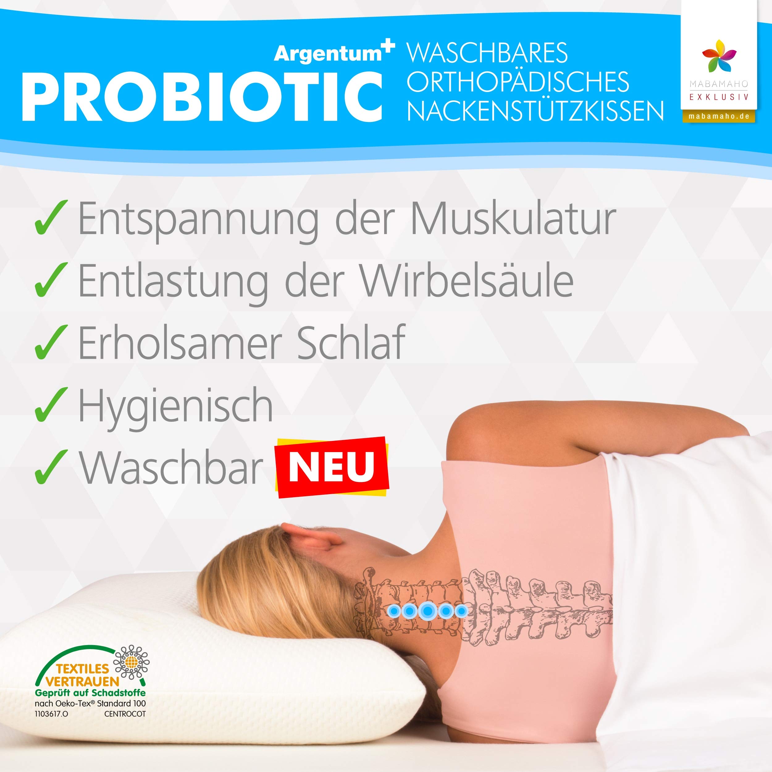 Probiotic Orthopädisches Nackenstützkissen mit Aloe Vera aus Memory Viscoschaum 40x80x8 cm Waschbar bis 40°C, inkl. 1x Innen & 1x Schutzbezug