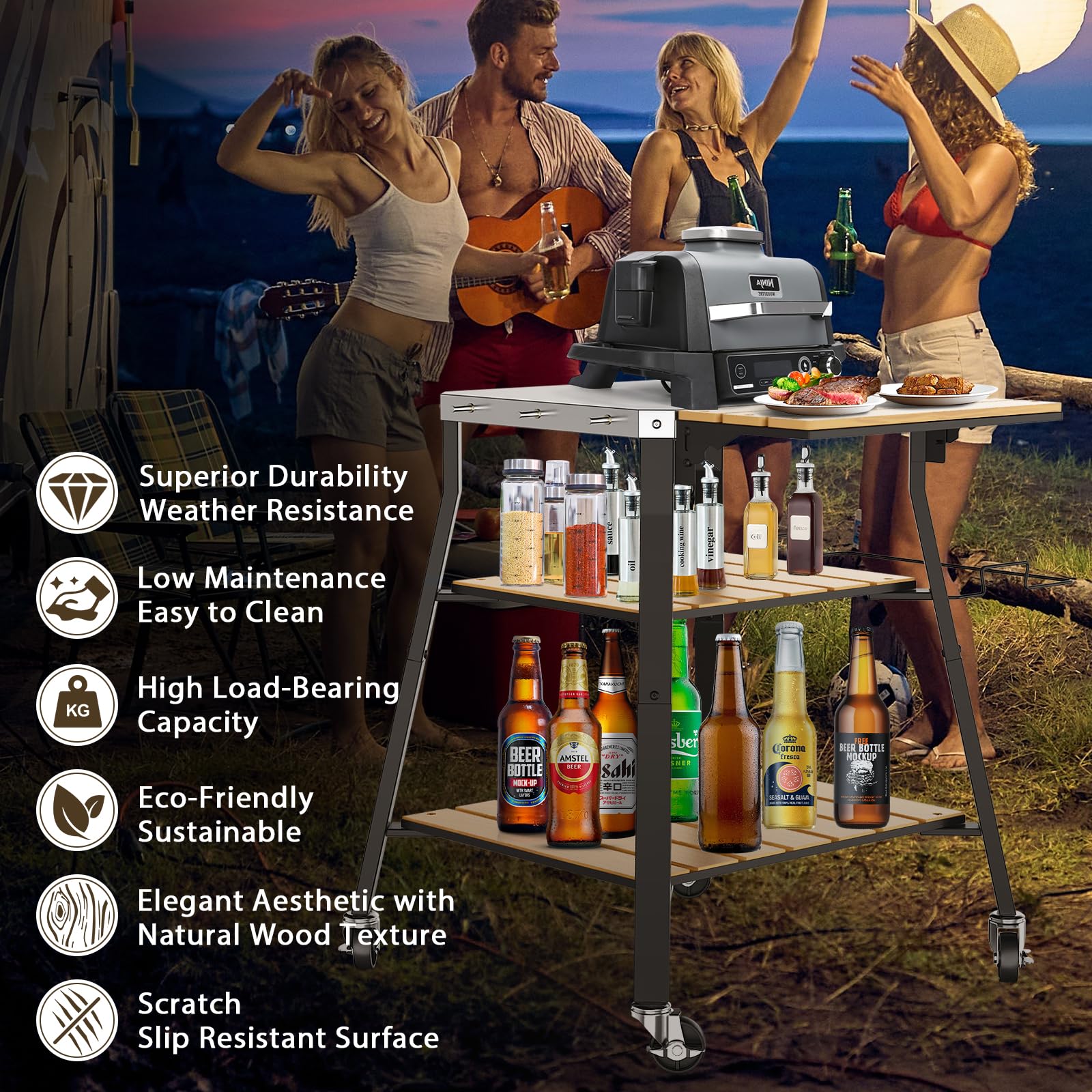 GFTIME Carro universal portátil para barbacoa, mesa rodante de acero inoxidable, carrito de cocina para estufa individual y barbacoa Ninja Woodfire al aire libre, soporte de parrilla con estantes WPC