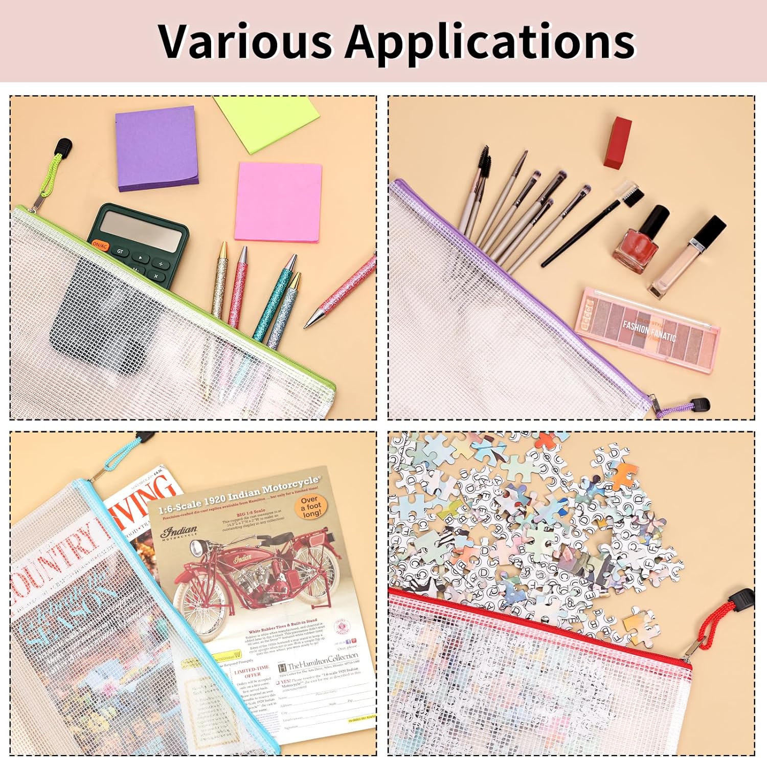 EOOUT 72pcs Mesh Zipper Pouch, A4 Size, 12 Colors Zipper Bags for Organizing Storage, Waterproof Puzzle Bag, Zipper File Bags for Board Games and School Office Supplies