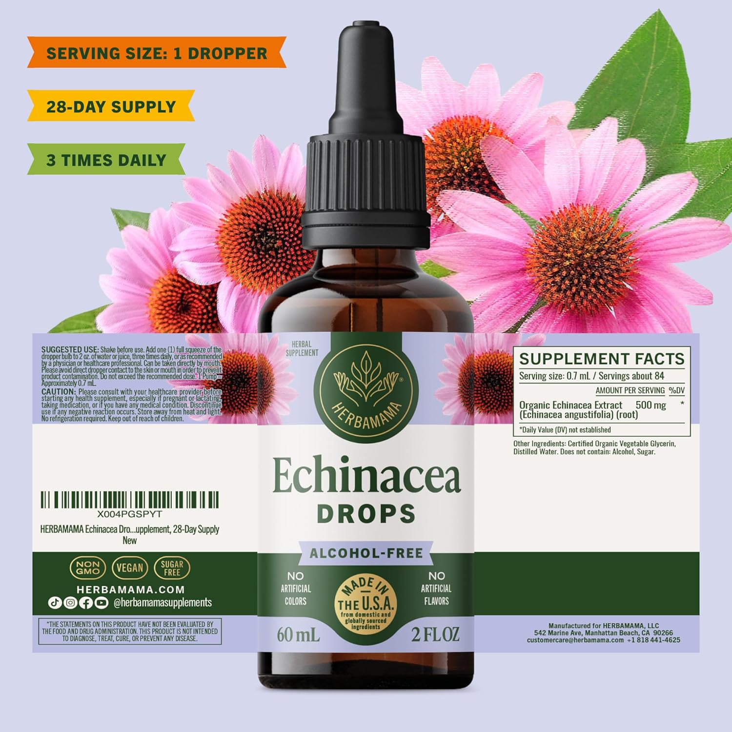 HERBAMAMA Echinacea Drops - Vegan Immune Support with Echinacea Angustifolia Root Extract Tincture - Non-GMO, Alcohol & Sugar-Free Liquid Supplement, 28-Day Supply - Image 8