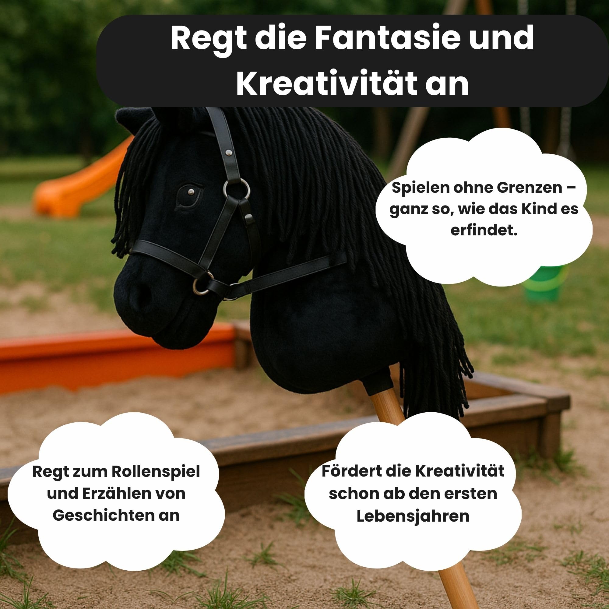 Start Hobby Horse – Cavallo con Bastone Realistico con Testa Morbida in Peluche e Lunga criniera da pettinare – Gioco Creativo e Attivo per Bambini, Regalo Perfetto (Benny (Nero) A3)