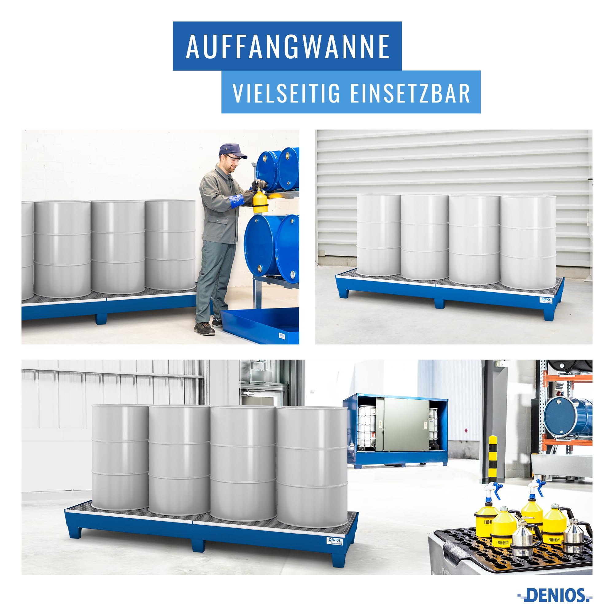Auffangwanne classic-line aus Stahl für 4 Fässer, lackiert, unterfahrbar, m. Gitterrost,816x2470x250