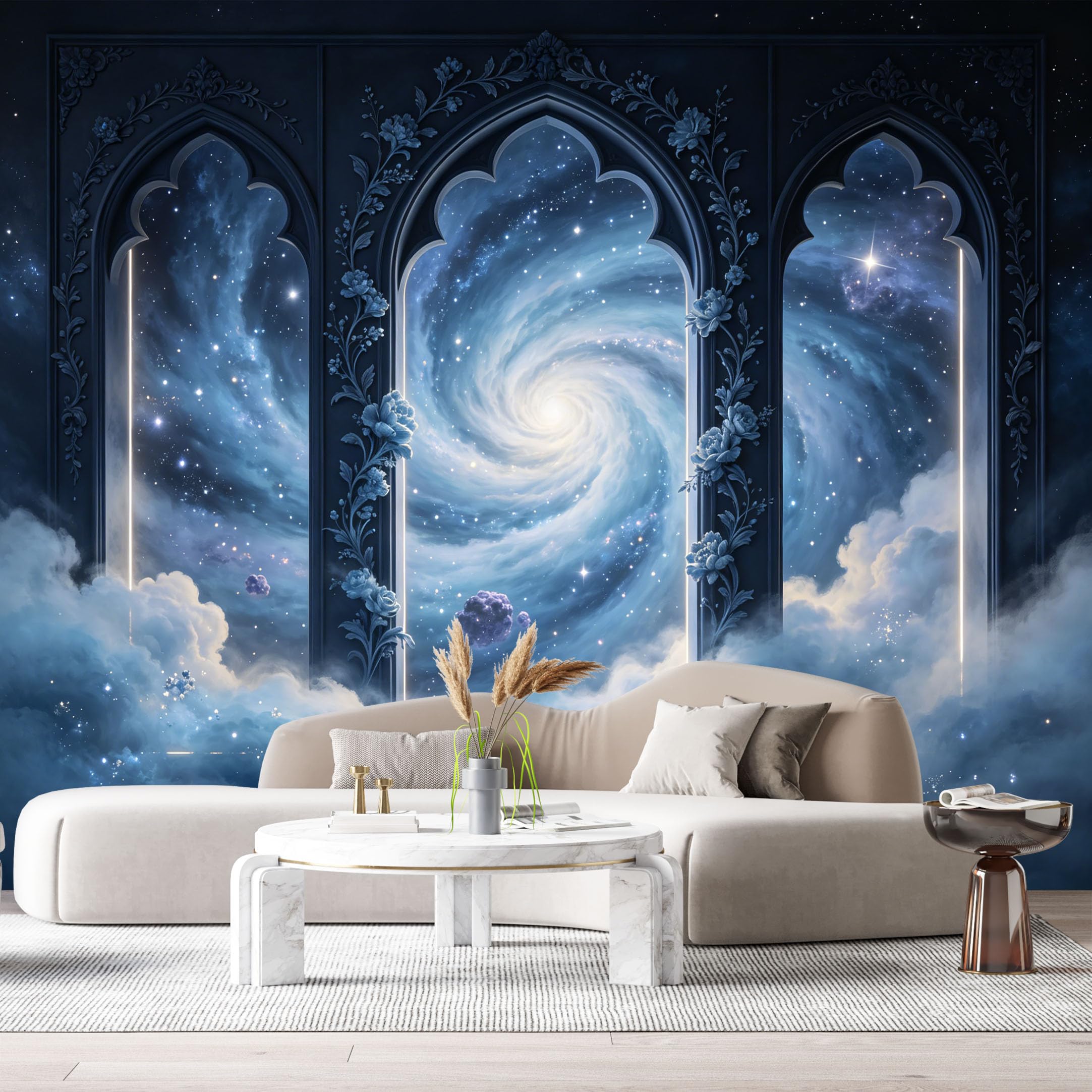 Custom Size Wall Mural Galaxy Nebula Archway Floral 3D Trompe L'Oeil SelfAdhesiveWall Fabric Removable Wallpaper Wall Decor for Living Room Bedroom Bathroom