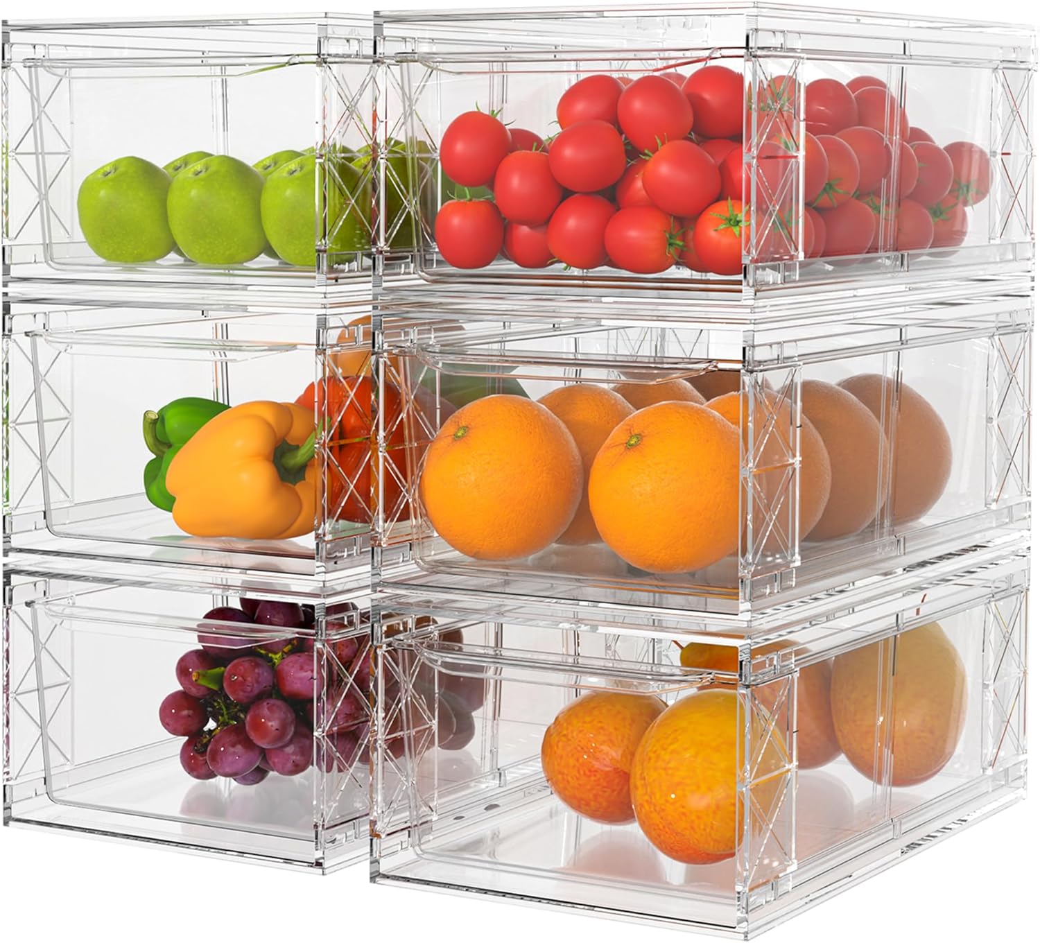 6 Pack Stackable Storage Drawers,Clear Fridge Organizer with Handles and Movable Dividers,Pull-Out Acrylic Drawer Organizer for Pantry, Bathroom,Kitchen Undersink,Cabinet