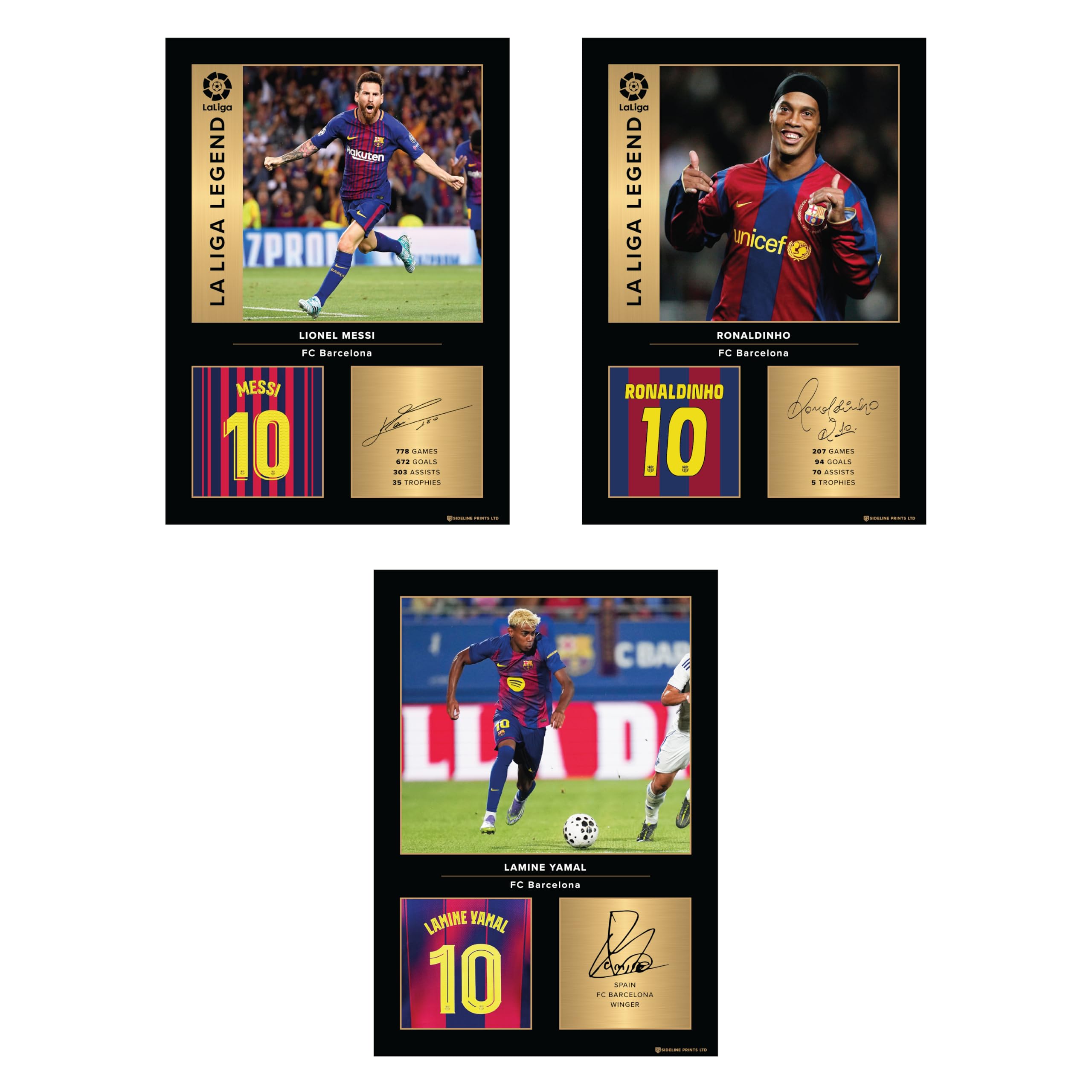 FC Barcelona Legends Set of 3 A4 Prints Bundle - Messi, Ronaldinho & Yamal Signed Style Photo Picture Display Gifts