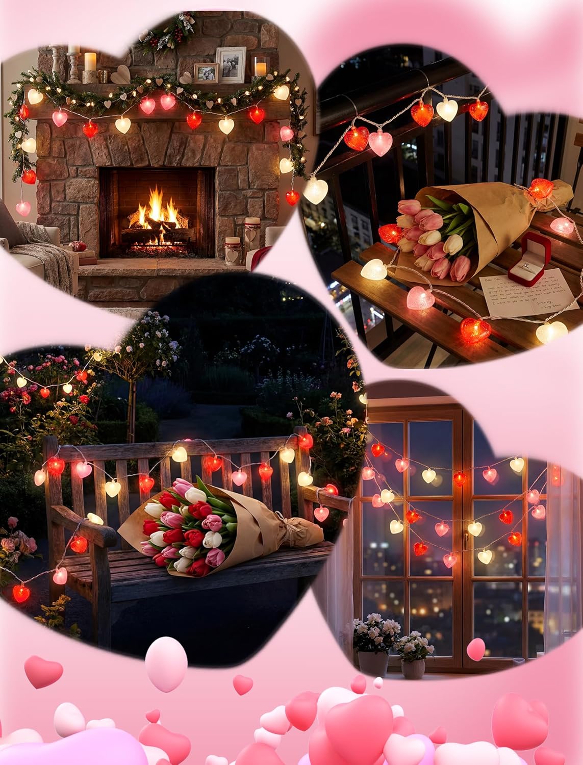 8.5フィート ピンク、レッド、ホワイト バレンタインデーライト 10個パック シャイニーグリッター 3Dハートストリングライト