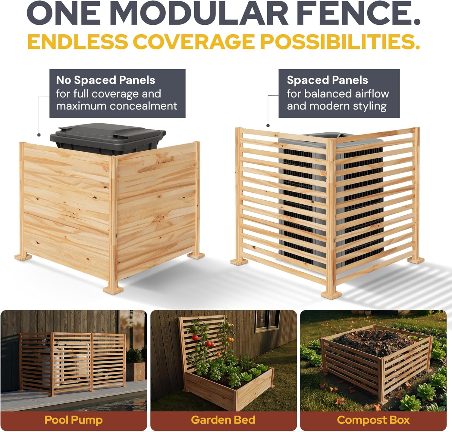 Modular Air Conditioner Fence 3 Panel - 45"L x 42"W AC Fence for Outside Unit with Wooden Varnish Finish and Stainless Screws - Adjustable Garbage Privacy Panels, Multipurpose Trash Can Hider Outdoor