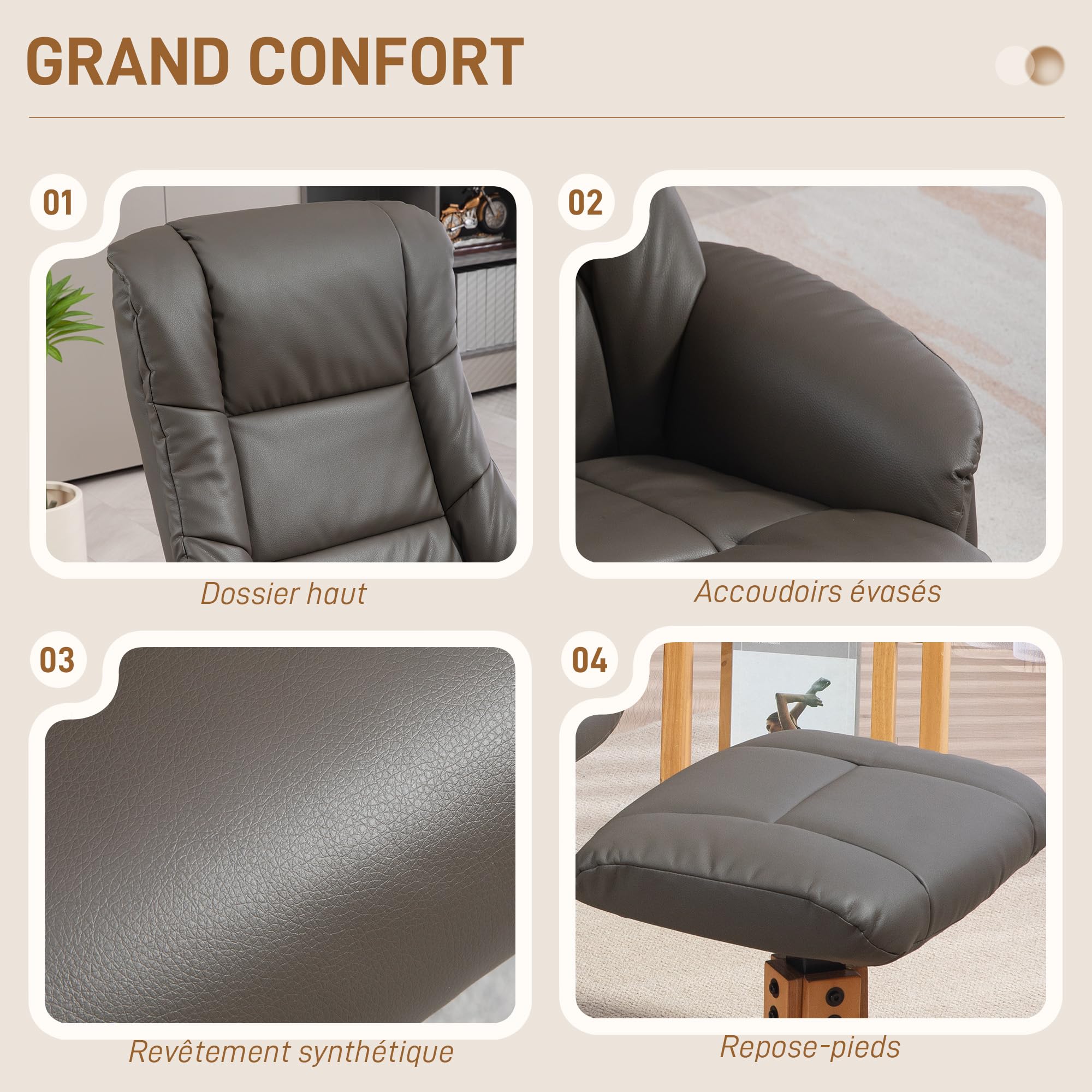 HOMCOM Fauteuil de relaxation avec repose-pied, fauteuil relax salon, dossier à bascule, fauteuil inclinable, assise rembourrée, revêtement synthétique, cadre en bois massif, design contemporain, gris