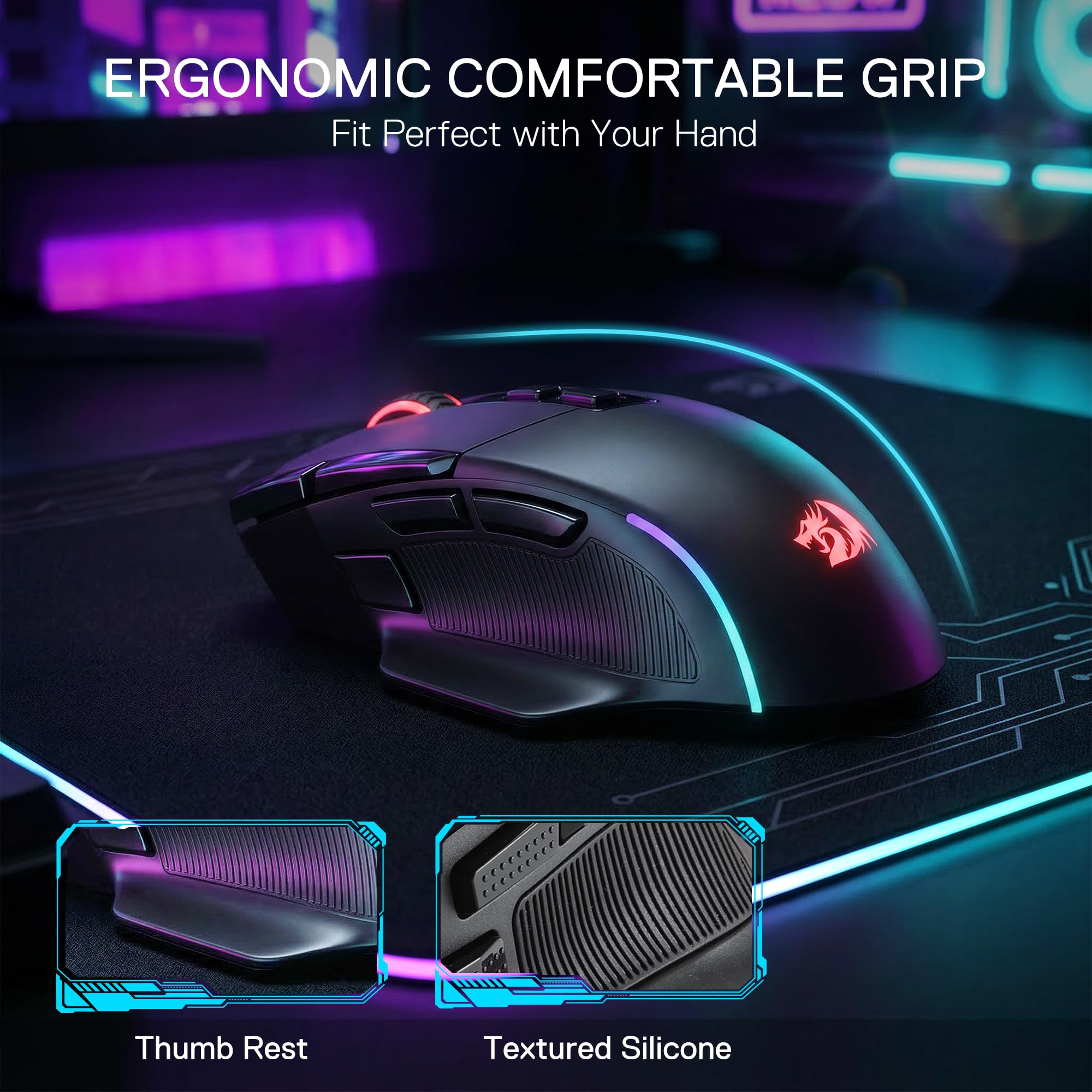 Redragon M925 PRO Wireless Gaming Mouse, 26,000 Max DPI Optical RGB Gaming Mice with 10 Programmable Buttons, Ergonomic Natural Grip Build, Software Supports DIY Keybinds & DPI, Black - 5