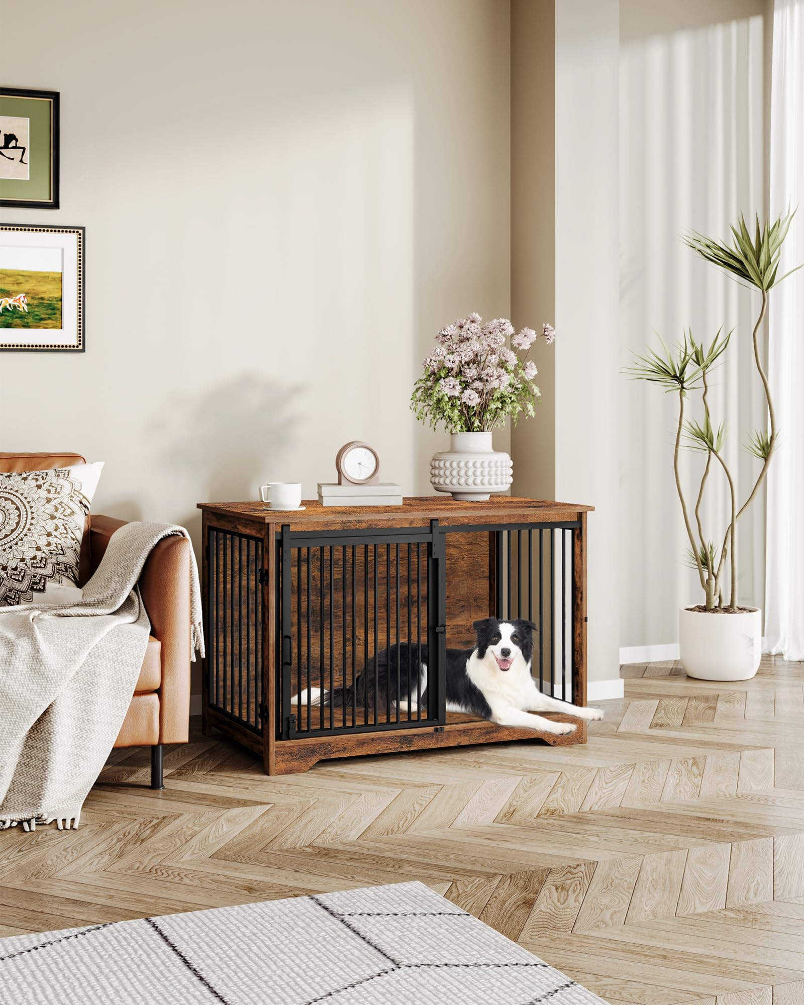 Hzuaneri 100cm Gabbia per Cani, Tavolo Supplemento, Nicchia Moderna per Cani, Gabbia per Cuccioli, Casetta per Animali, 2 porte, 60 x 100 x 68 cm, Marrone Rustico DFC02301B