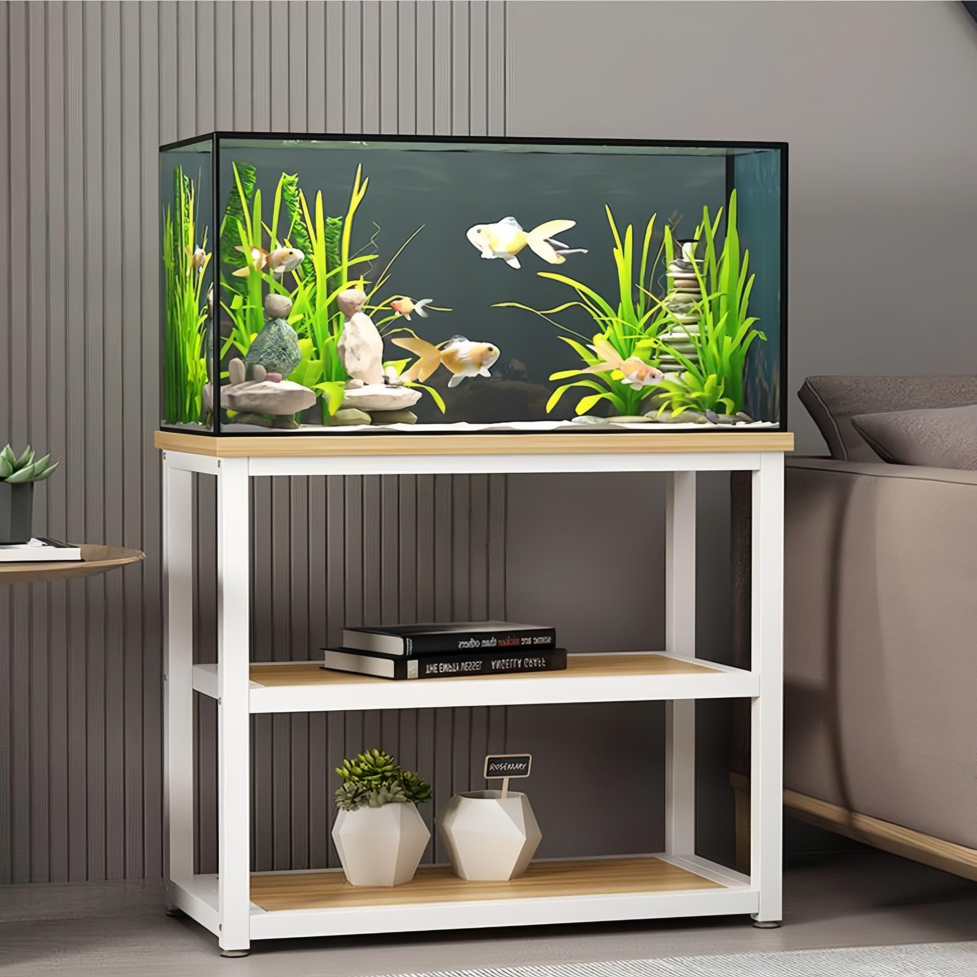 Stojak na akwarium trzypoziomowe, stół do terrarium, duża nośność, metalowy sprzęt, duża przestrzeń do przechowywania, idealna do salonów i biur (biały orzech, 19,6 x 13,7 cala)