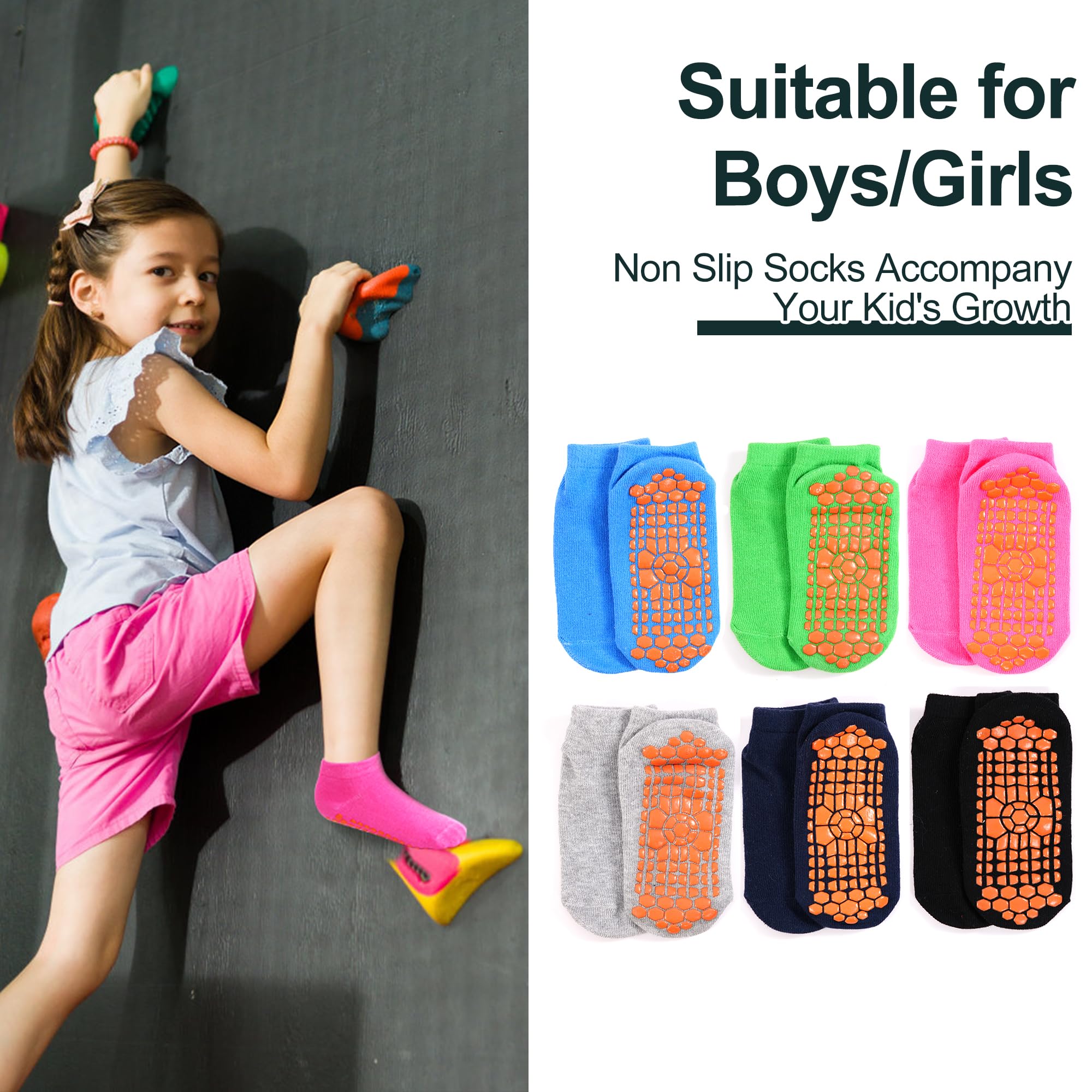 GRPSKCOS Calcetines antideslizantes para niños, 6 pares de calcetines antideslizantes para cama elástica con agarre pegajoso, calcetines transpirables para niños y niñas de 2 a 13 años