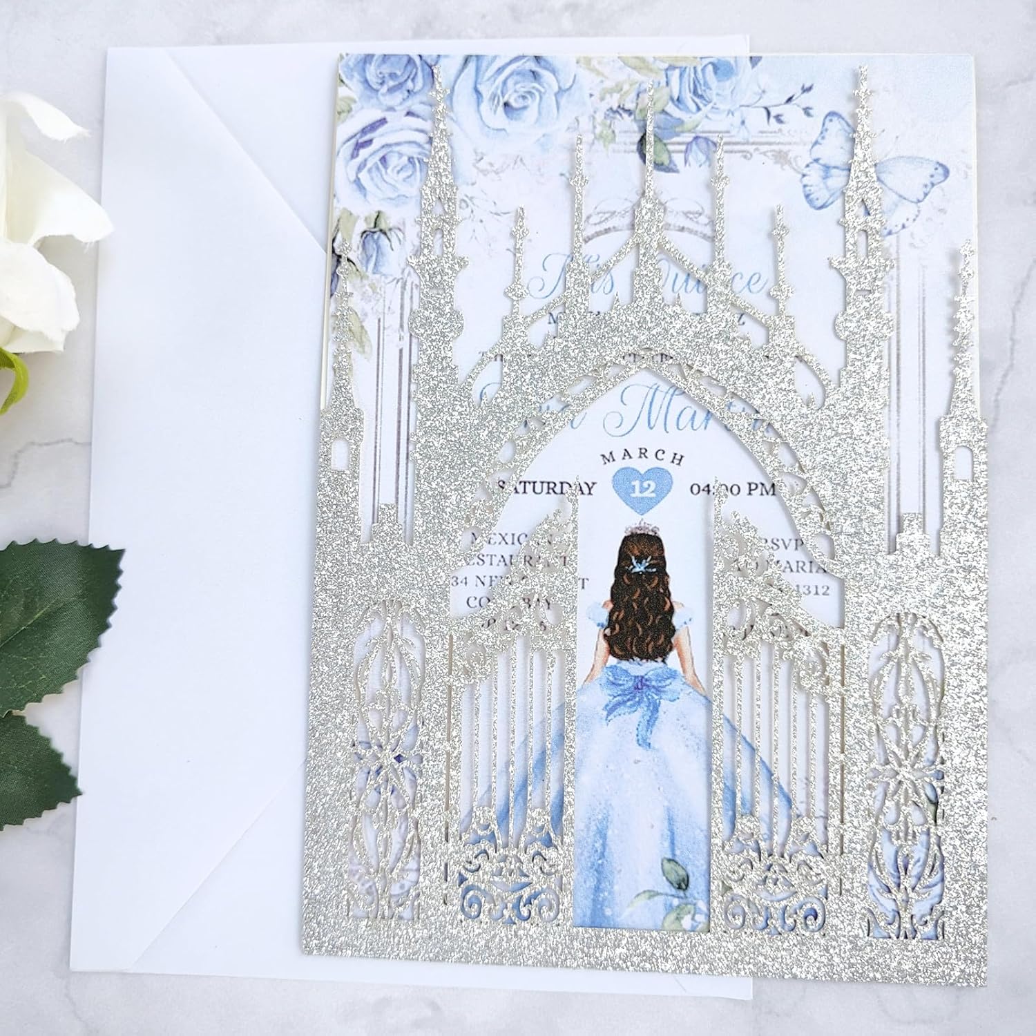 20PCS glitter gate pocket invitations with envelops,quinceanera invitations,sweet 16 invitations,wedding invitations personalized, bridal shower invitations and more. (glitter silver)