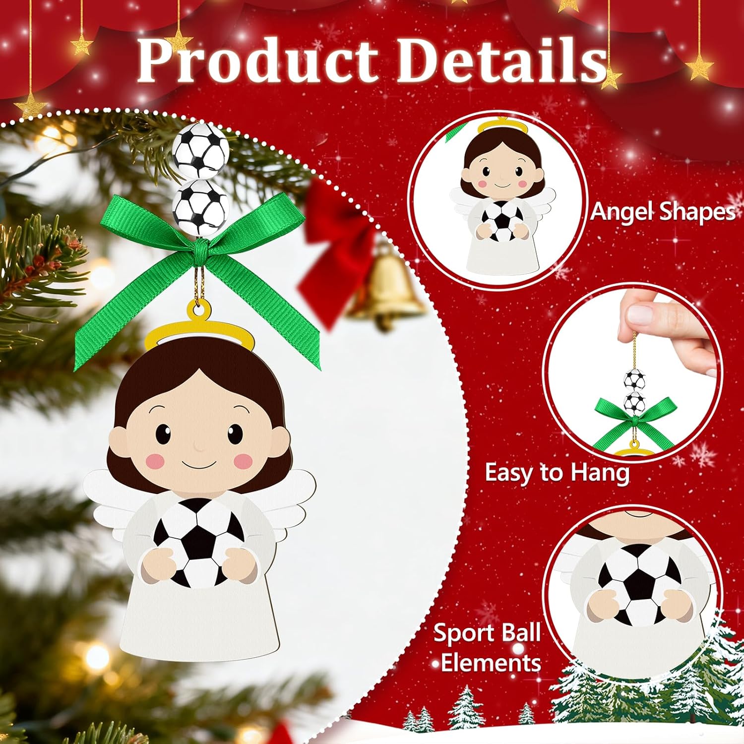 Soccer Angel Easter Ornaments Wooden Hanging Angel Ornament Sport Ball Xmas Tree Decorations for Home Crafts Soccer Lovers Sport Players Fans Family Holiday Party Supplies - Image 3