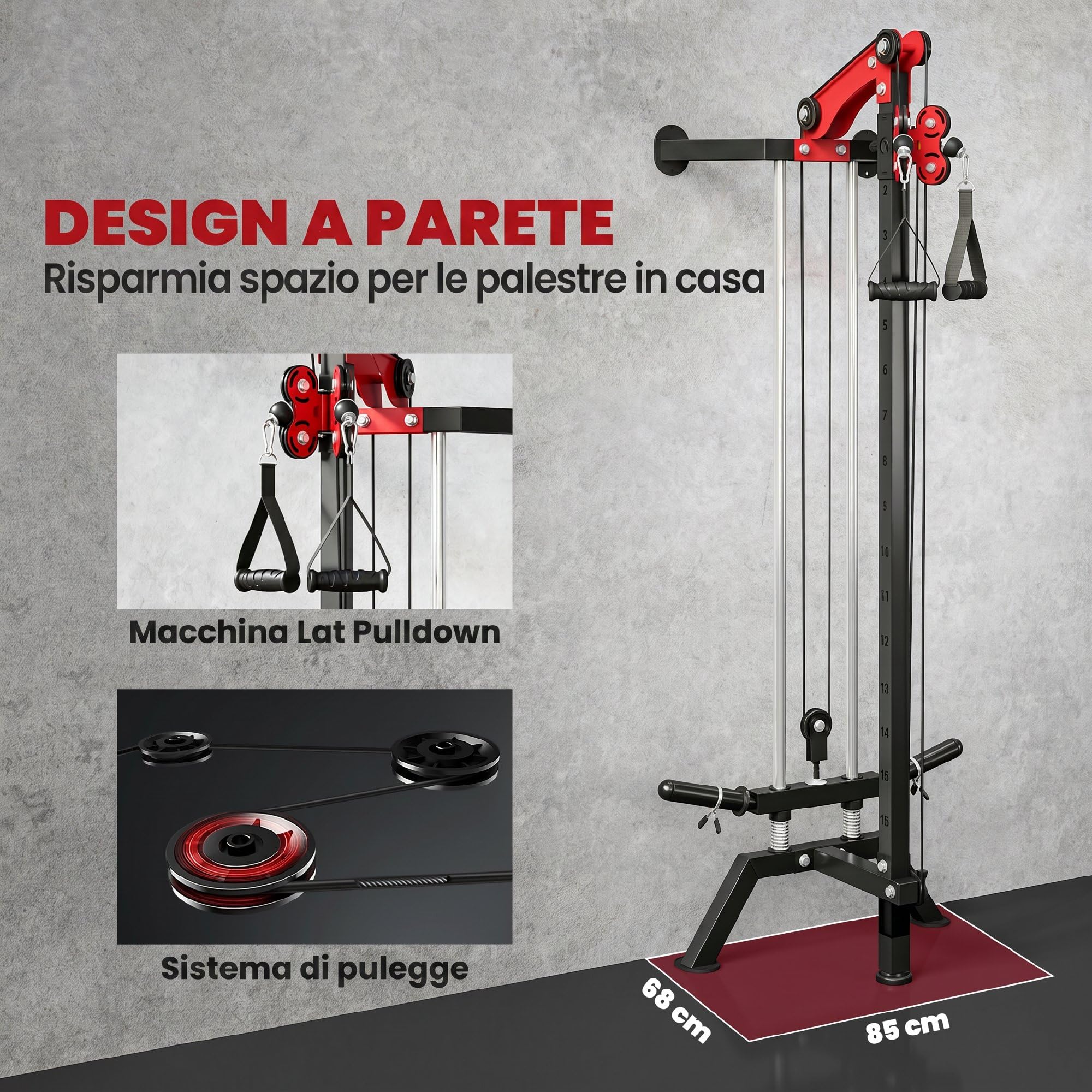 SPORTNOW Lat Machine da Parete con Pulegge Regolabili a 16 Livelli, Stazione a Cavi con Pulldown, Maniglia e Carico Pesi Regolabile, in Acciaio, per Allenamento Fitness Casa Palestra Multifunzione