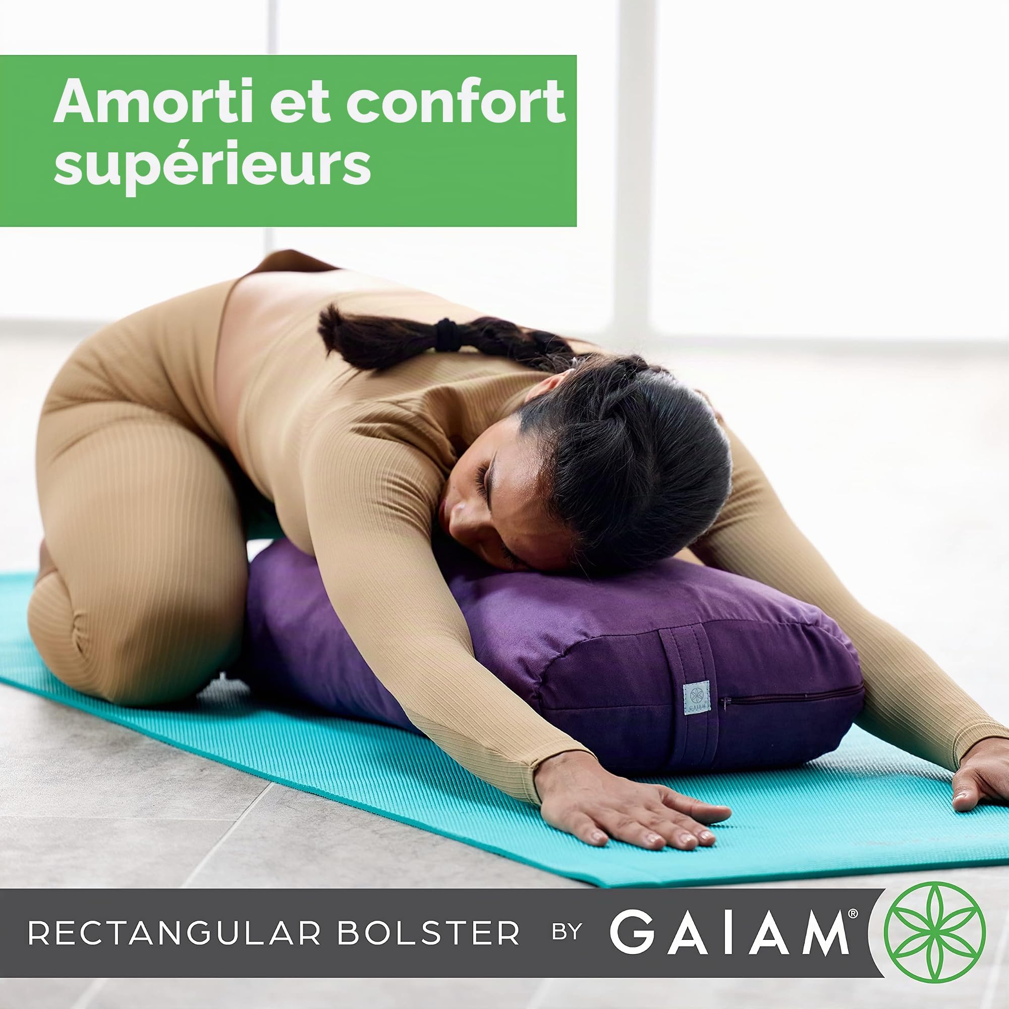 Gaiam Traversin de Yoga – Long Coussin de méditation rectangulaire – Coussin de Soutien pour Yoga réparateur et Assise sur Le Sol – poignée de Transport intégrée – Housse Lavable en Machine