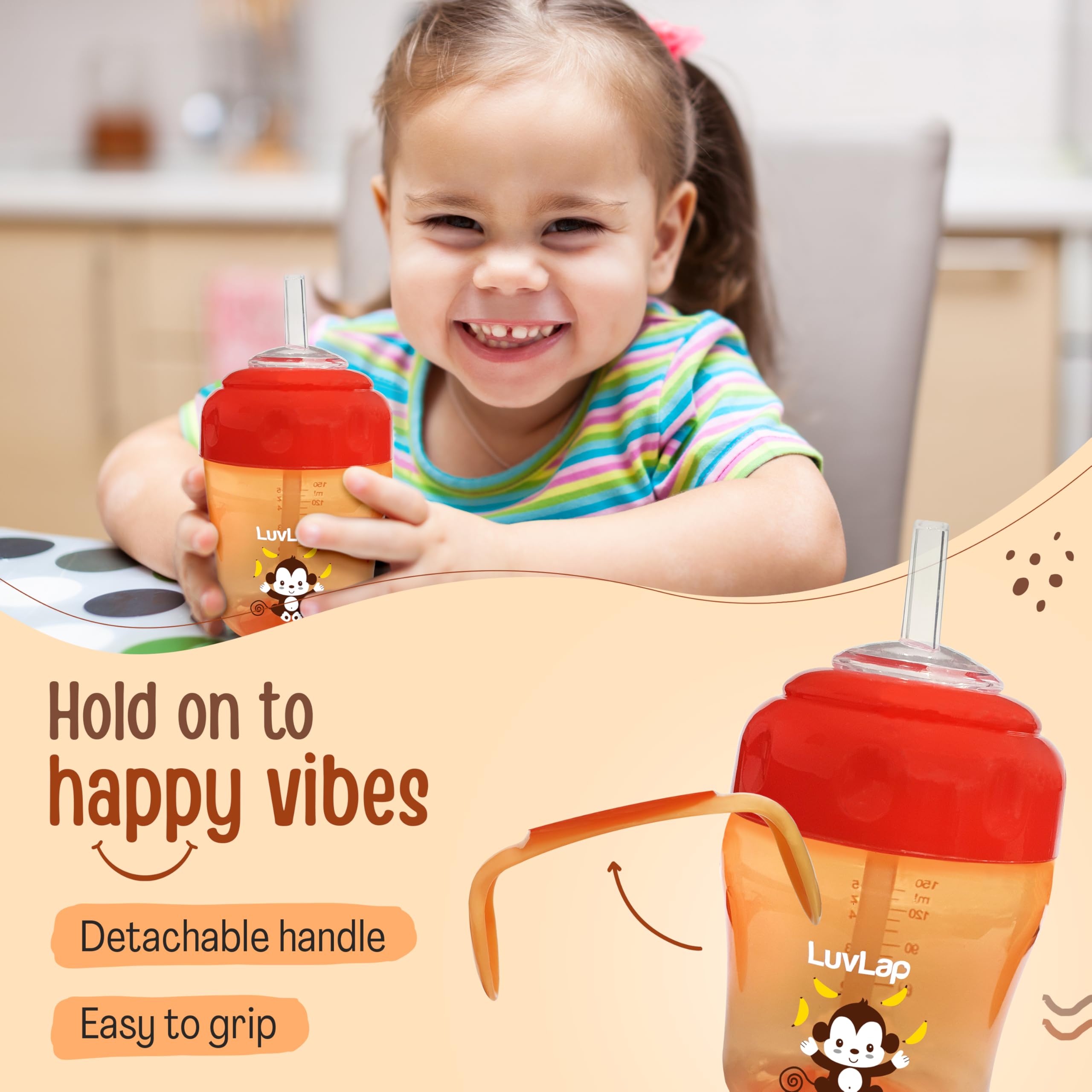 Luvlap Banana Time 150ml Anti Spill, Interchangeable Sipper / Sippy Cup with Soft Silicone Spout and Straw BPA Free, 6m+ (Orange) - Image 5 thumbnail